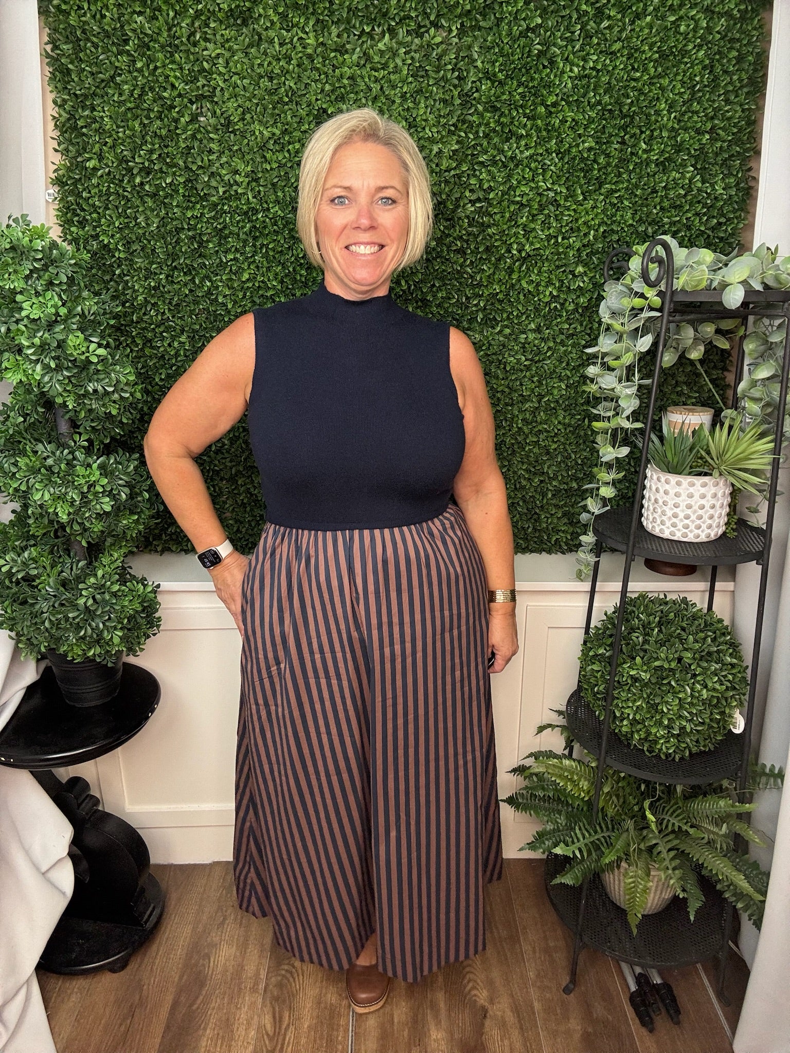 MIXED MEDIA STRIPED MIDI DRESS - NAVY