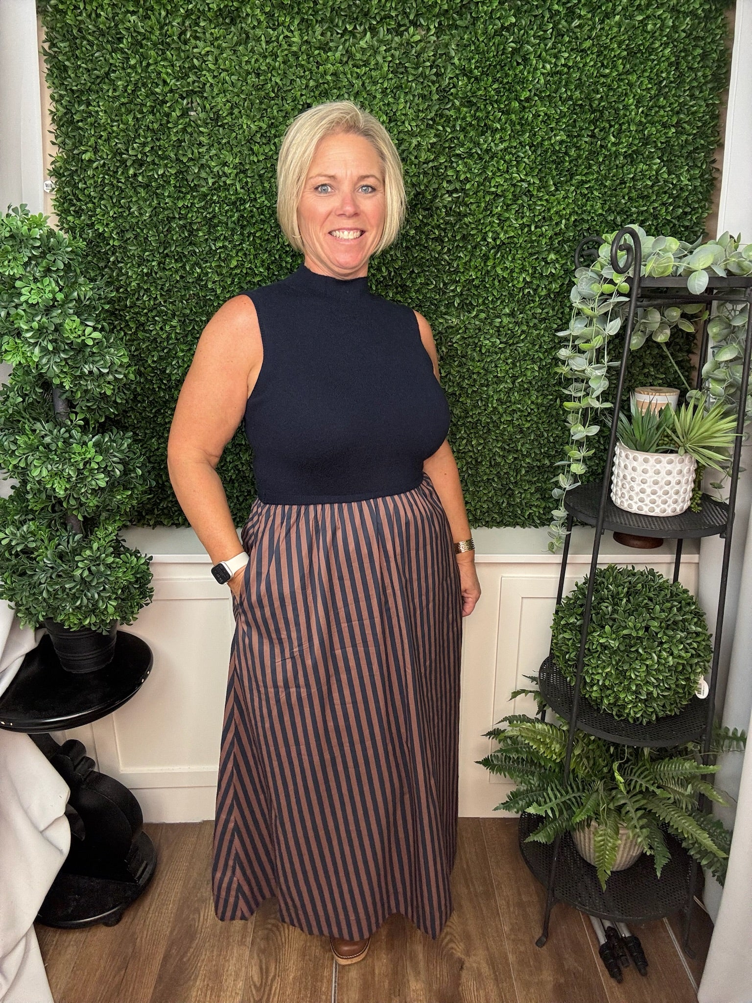 MIXED MEDIA STRIPED MIDI DRESS - NAVY