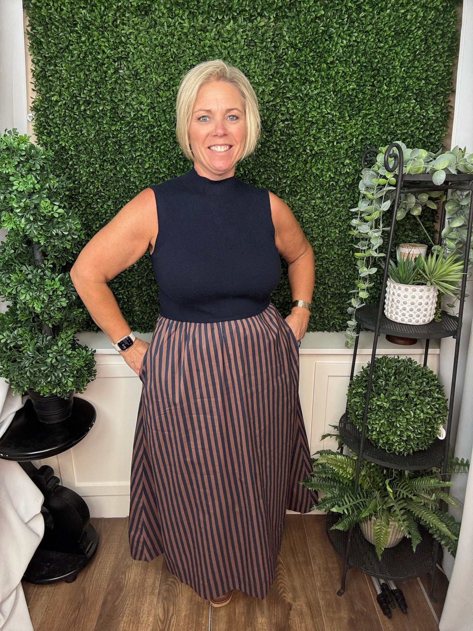 MIXED MEDIA STRIPED MIDI DRESS - NAVY