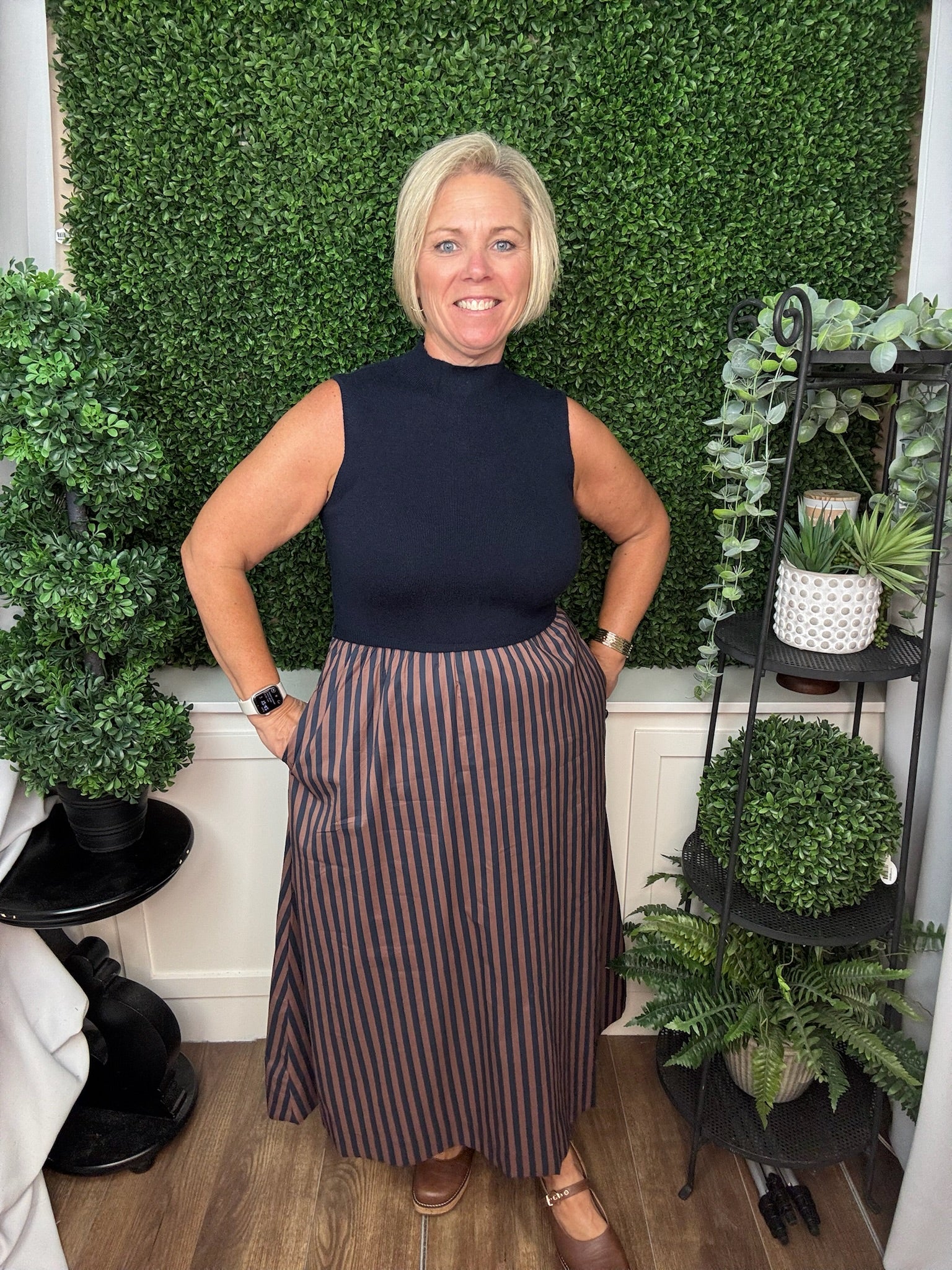 MIXED MEDIA STRIPED MIDI DRESS - NAVY