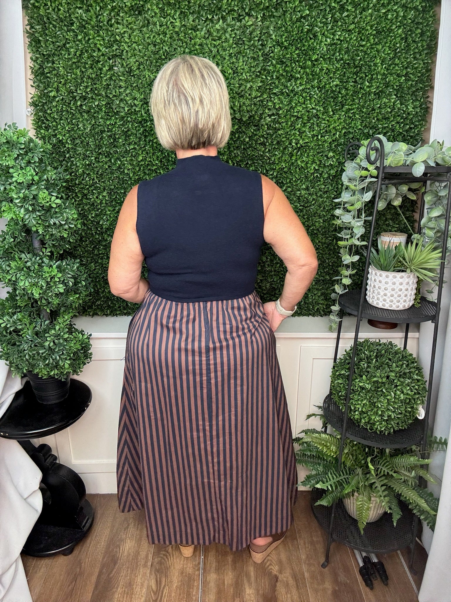 MIXED MEDIA STRIPED MIDI DRESS - NAVY
