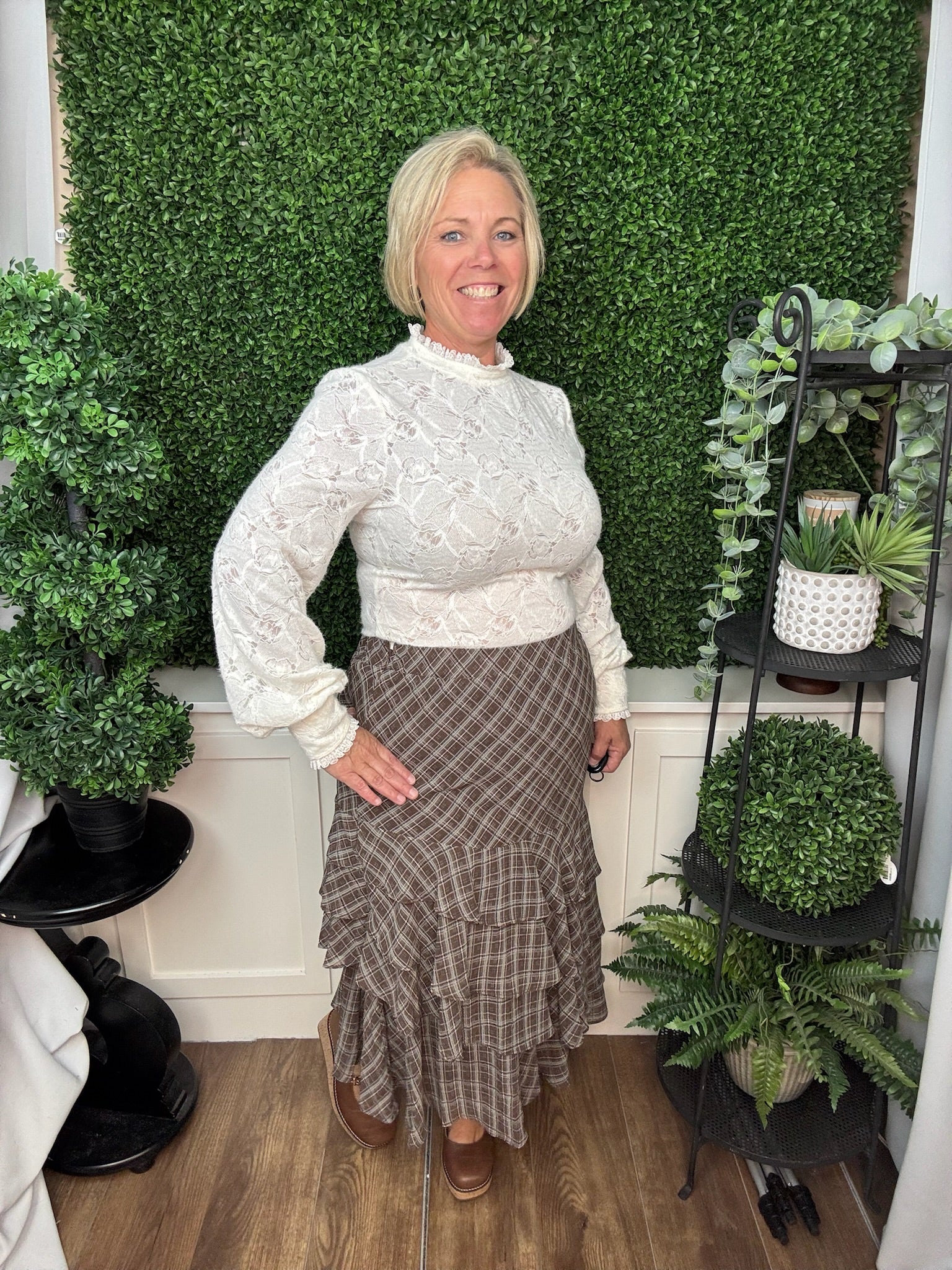Floral Textured Knit Mock Neck Top with Edge Trim Detail - Ivory