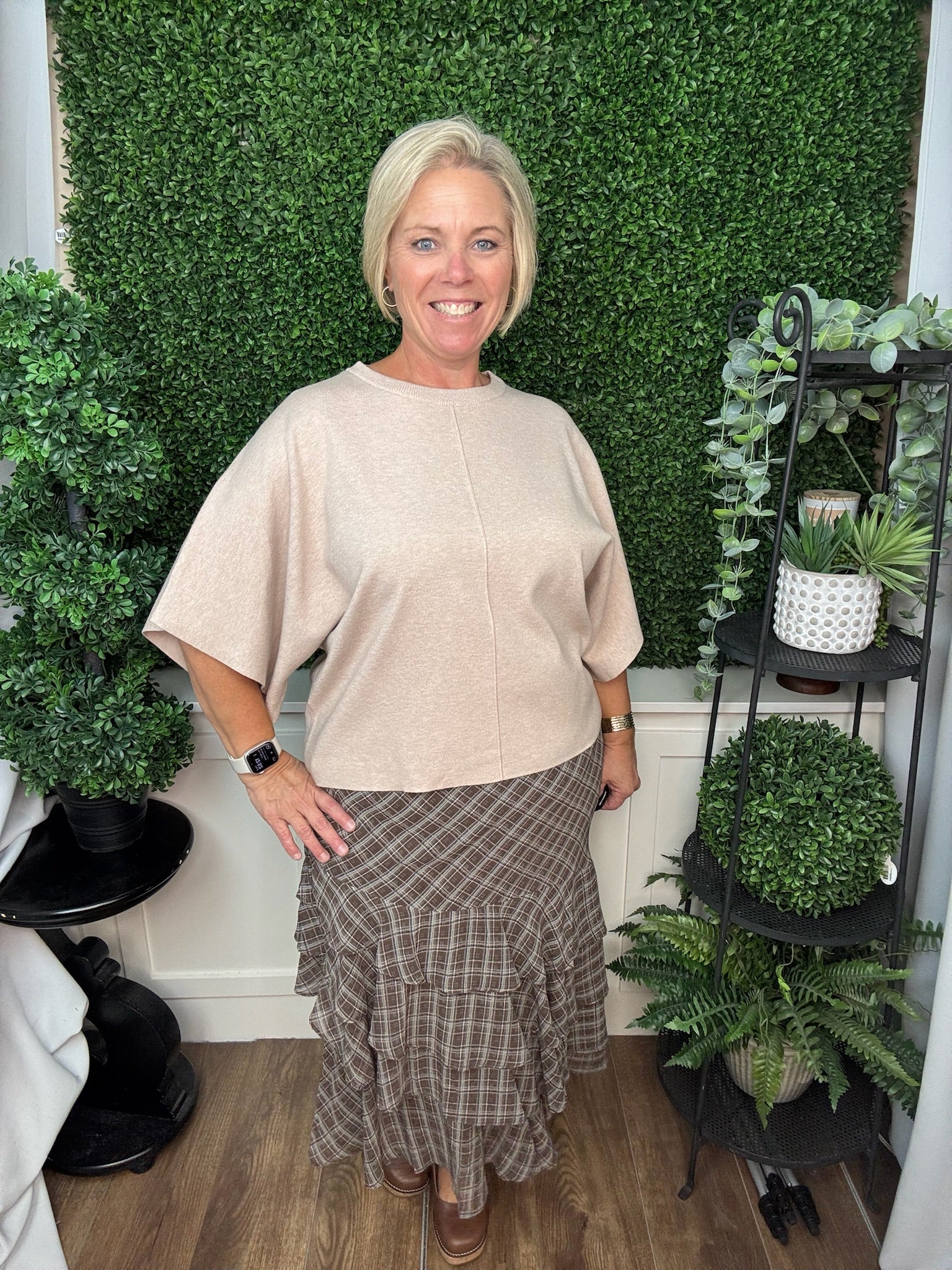 ASYMMETRICAL RUFFLED PLAID PRINT MIDI SKIRT - BROWN