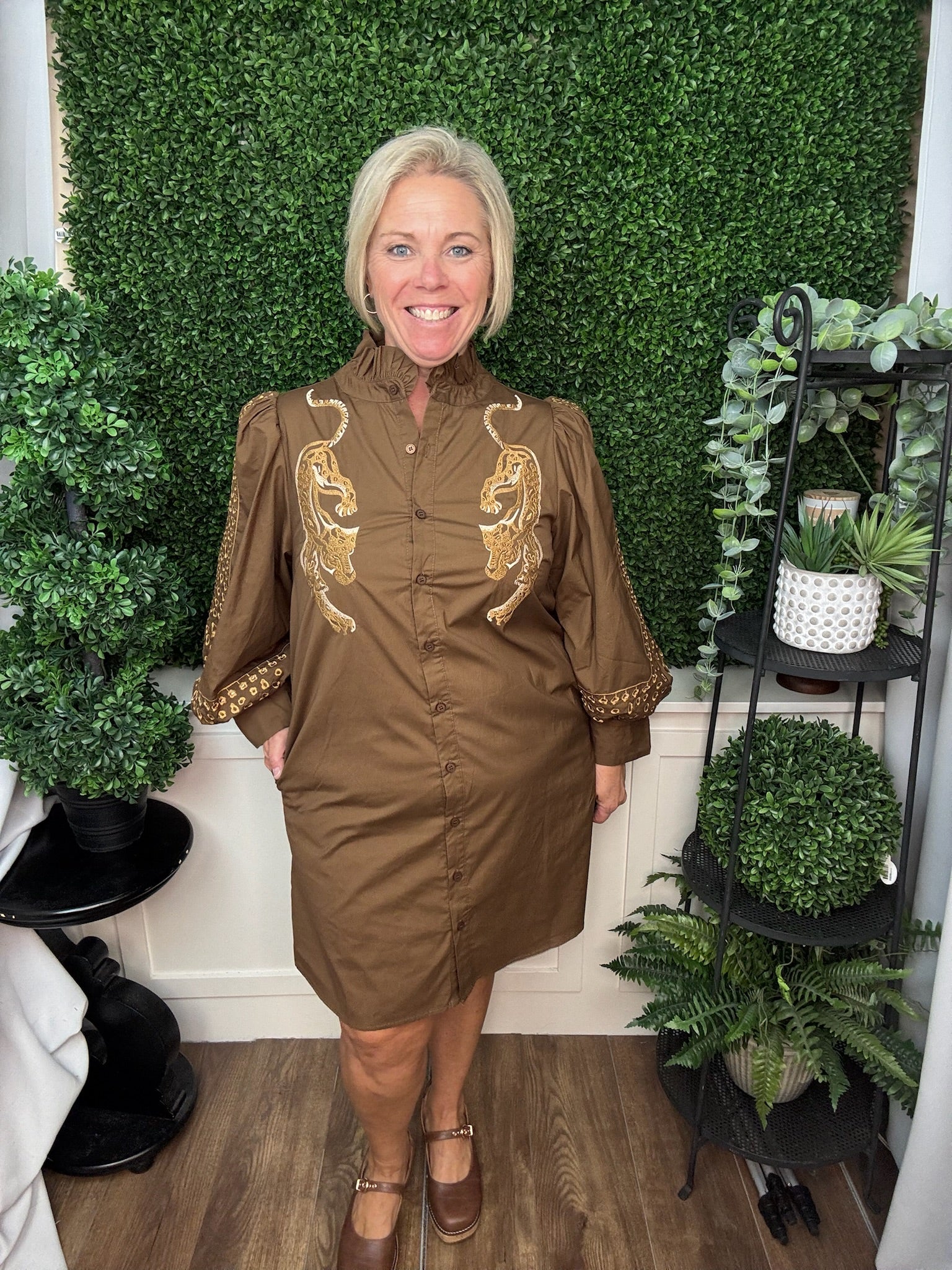 LONG SLEEVE RUFFLE NECK BUTTON DOWN EMBROIDERED TUNIC DRESS - BROWN