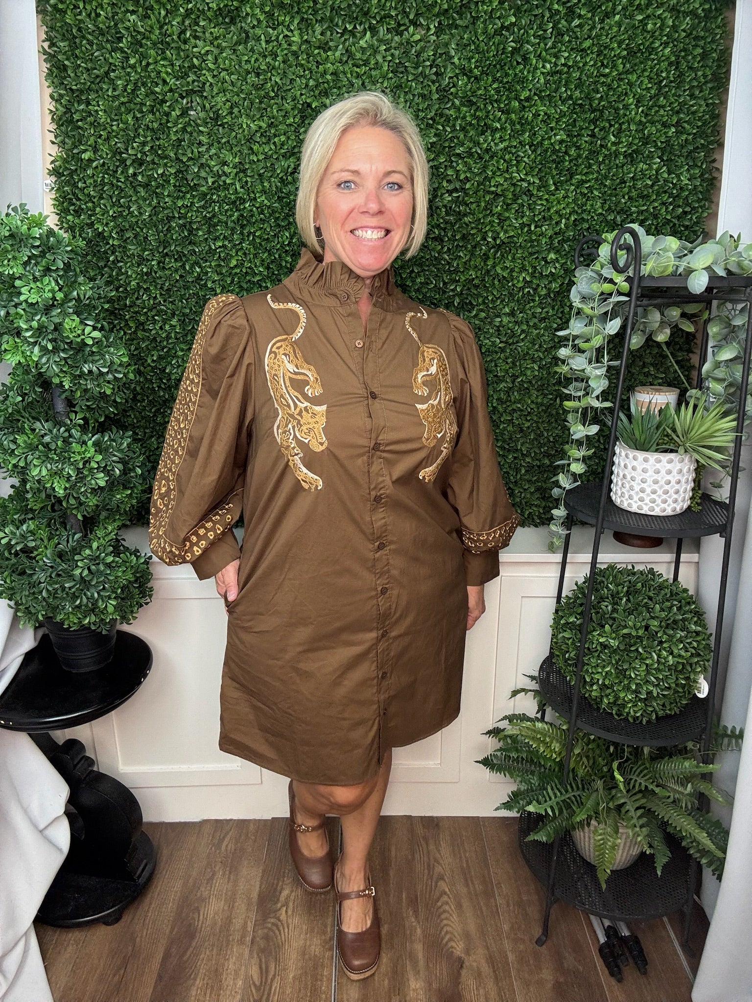 LONG SLEEVE RUFFLE NECK BUTTON DOWN EMBROIDERED TUNIC DRESS - BROWN
