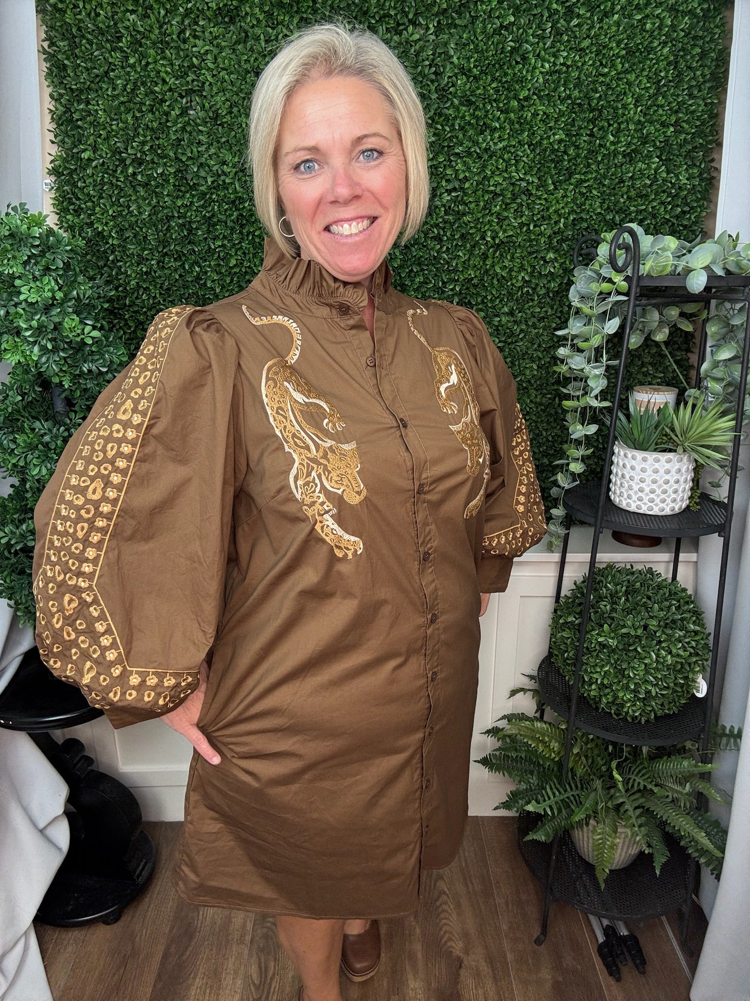LONG SLEEVE RUFFLE NECK BUTTON DOWN EMBROIDERED TUNIC DRESS - BROWN