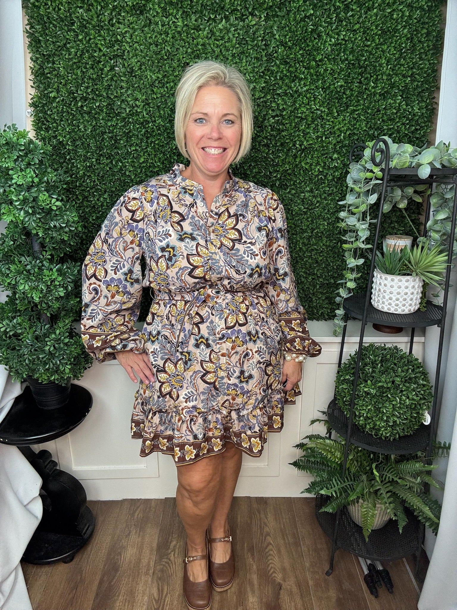 Border Print Stand Collar Dress with Self-Tie Belt