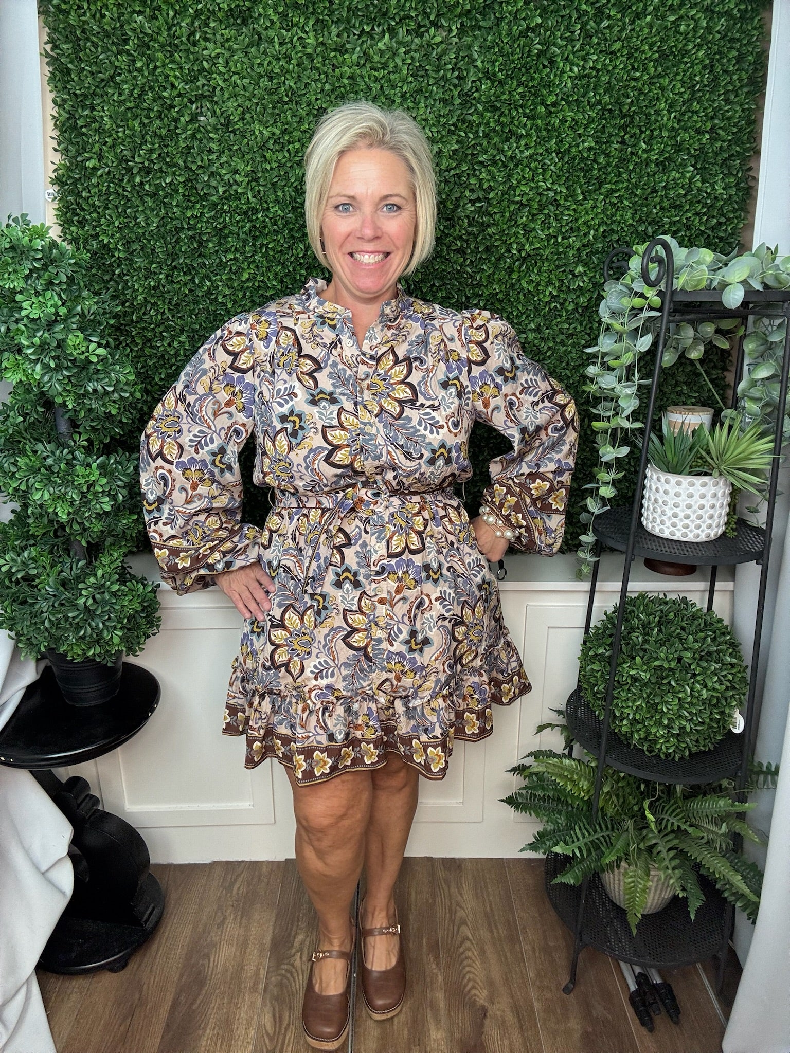 Border Print Stand Collar Dress with Self-Tie Belt