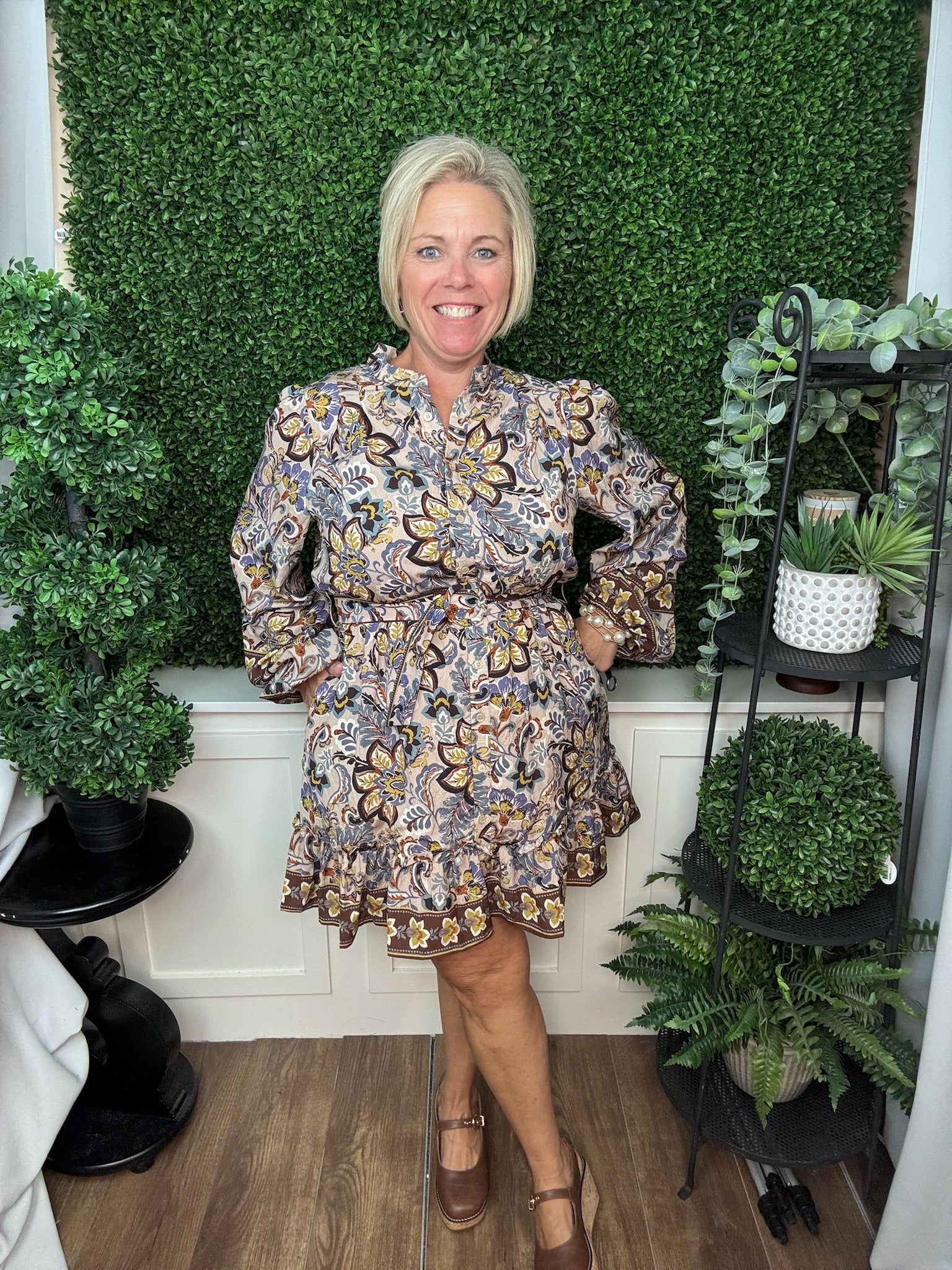 Border Print Stand Collar Dress with Self-Tie Belt