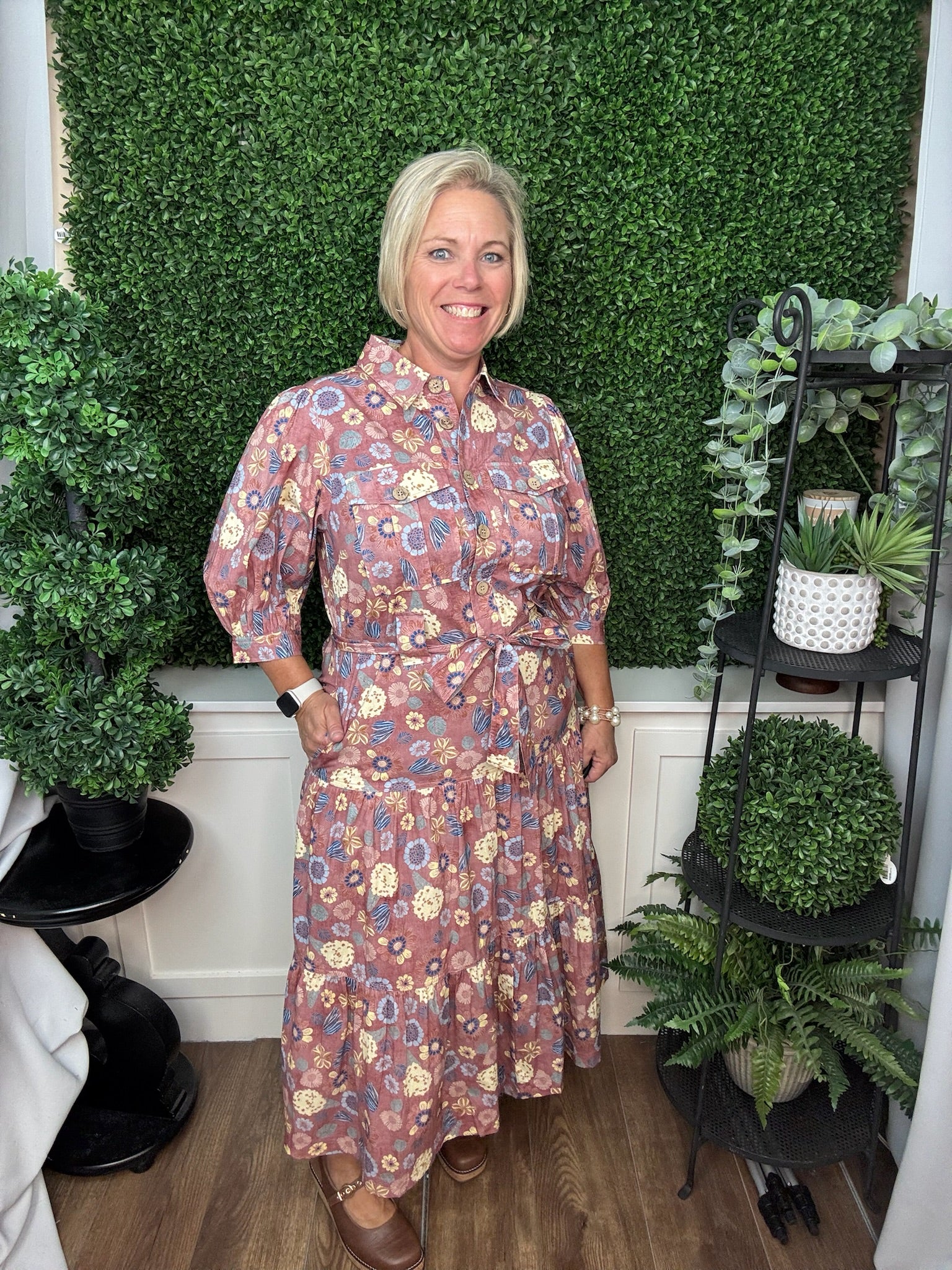 FLORAL PRINT BUTTON FRONT MIDI DRESS WITH TIE WAIST - MAUVE FLORAL