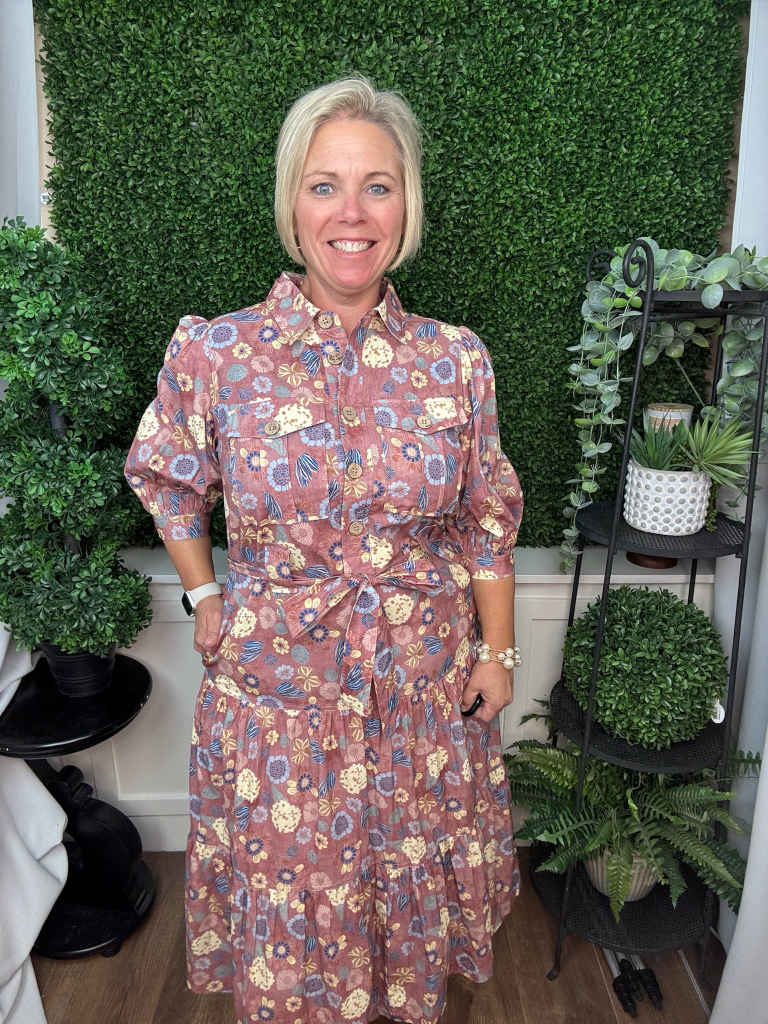 FLORAL PRINT BUTTON FRONT MIDI DRESS WITH TIE WAIST - MAUVE FLORAL