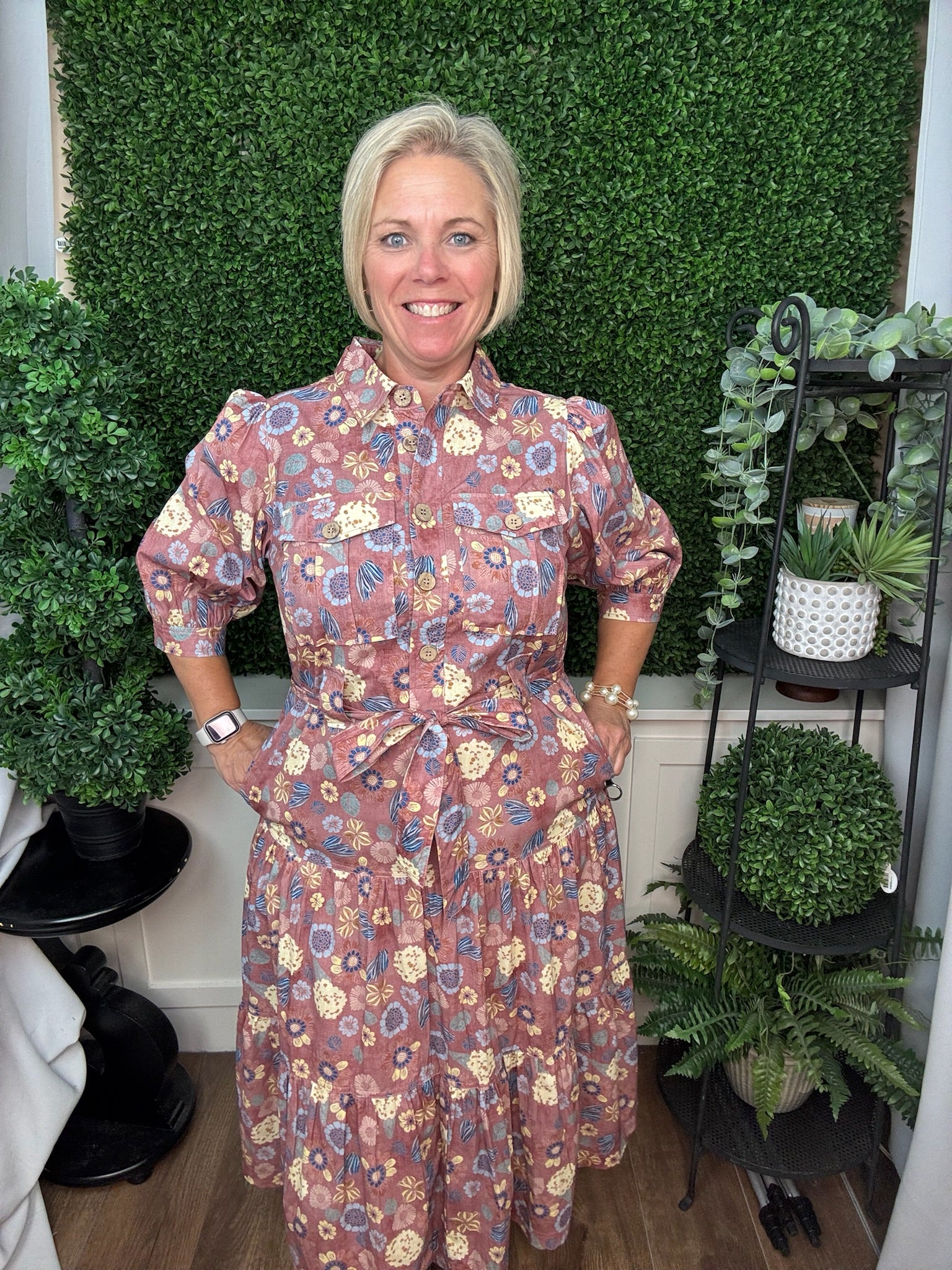FLORAL PRINT BUTTON FRONT MIDI DRESS WITH TIE WAIST - MAUVE FLORAL