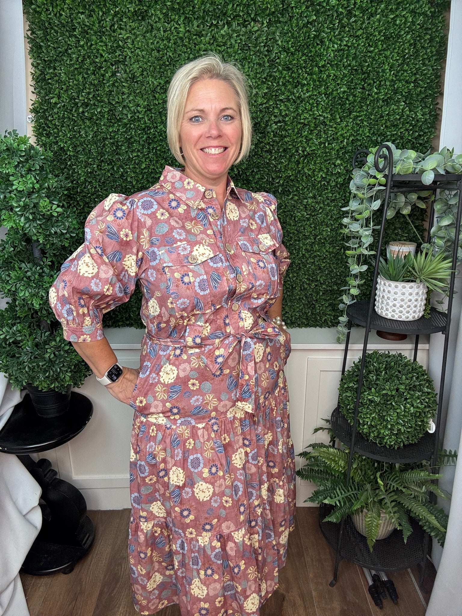 FLORAL PRINT BUTTON FRONT MIDI DRESS WITH TIE WAIST - MAUVE FLORAL