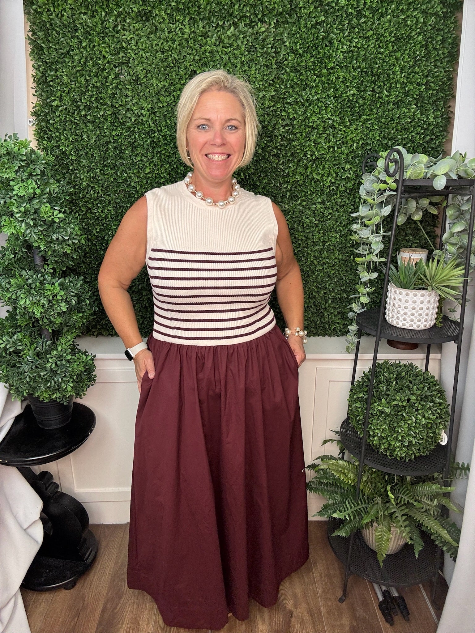 SLEEVELESS STRIPED KNIT AND WOVEN COMBO MAXI DRESS - WINE