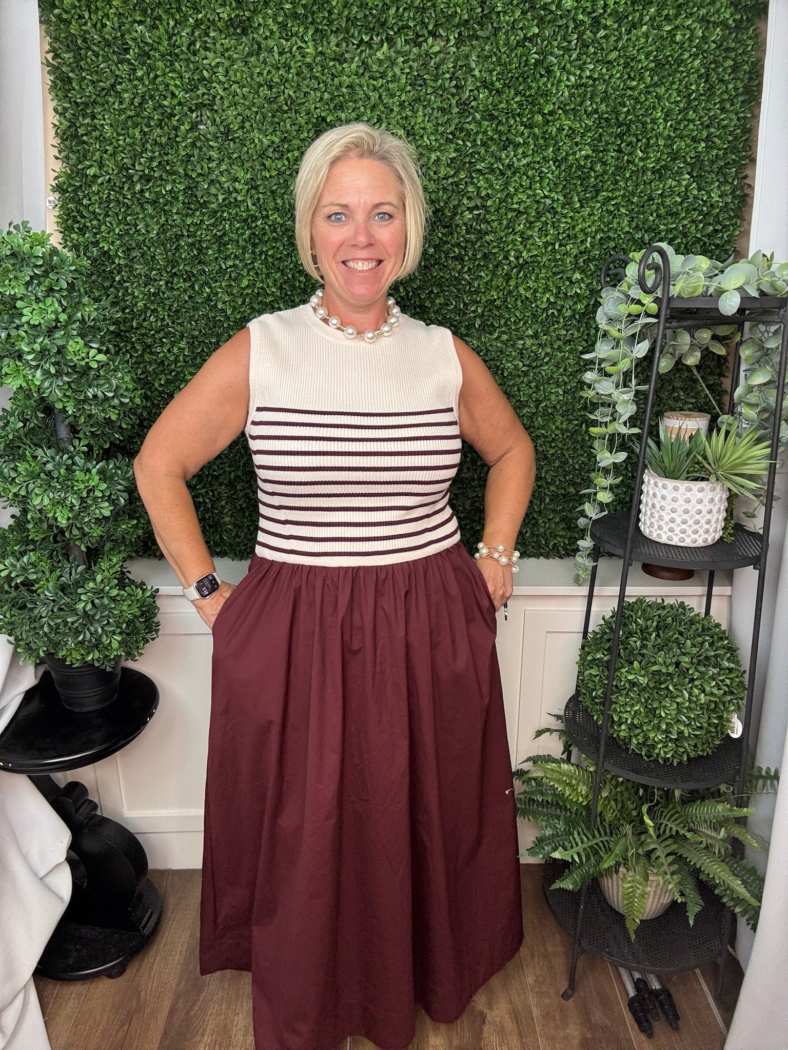 SLEEVELESS STRIPED KNIT AND WOVEN COMBO MAXI DRESS - WINE