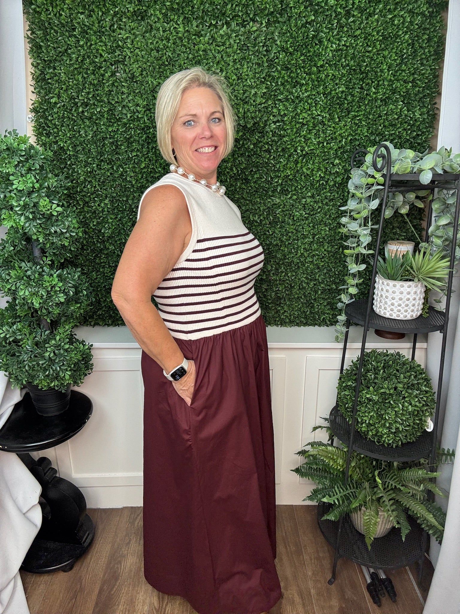 SLEEVELESS STRIPED KNIT AND WOVEN COMBO MAXI DRESS - WINE
