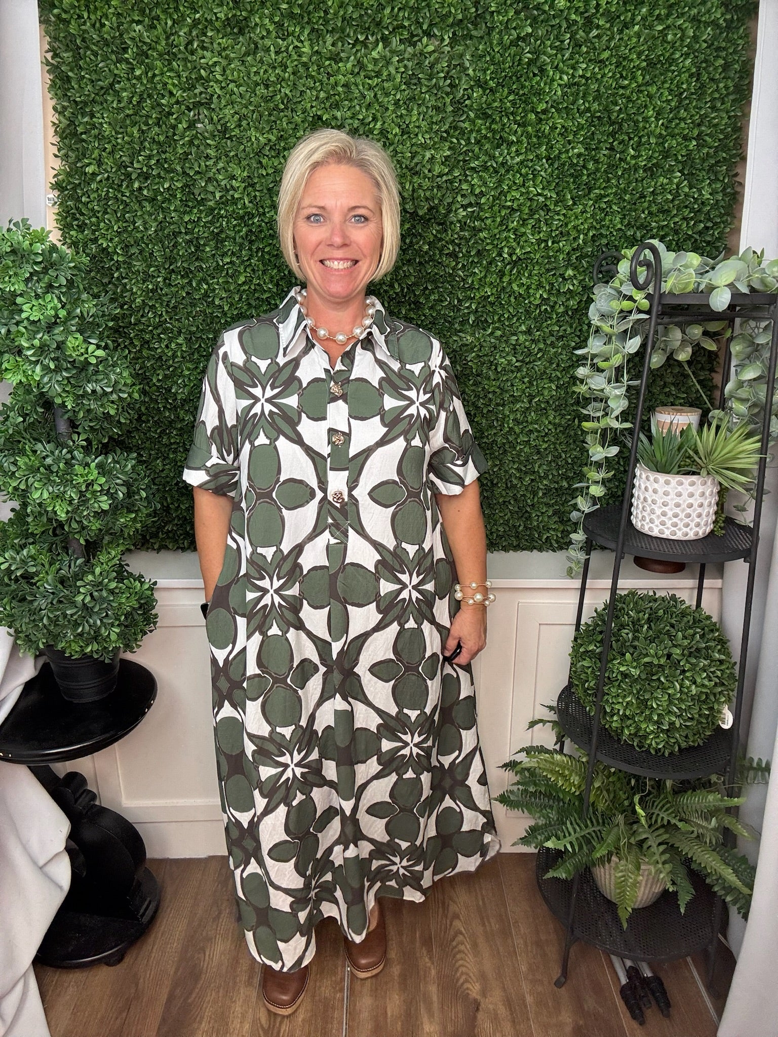 FLORAL BUTTON FRONT MIDI DRESS - OLIVE