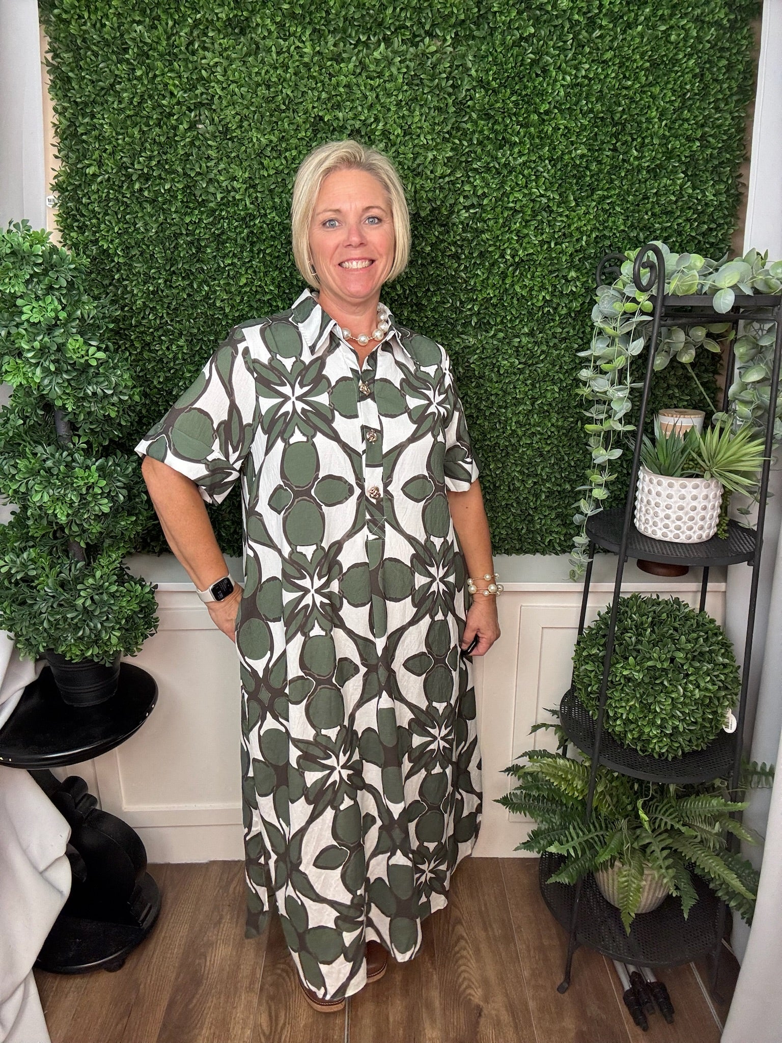 FLORAL BUTTON FRONT MIDI DRESS - OLIVE