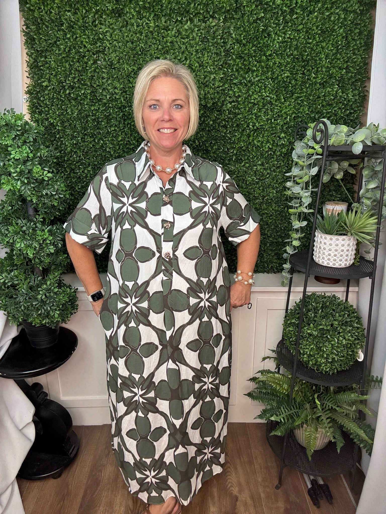 FLORAL BUTTON FRONT MIDI DRESS - OLIVE