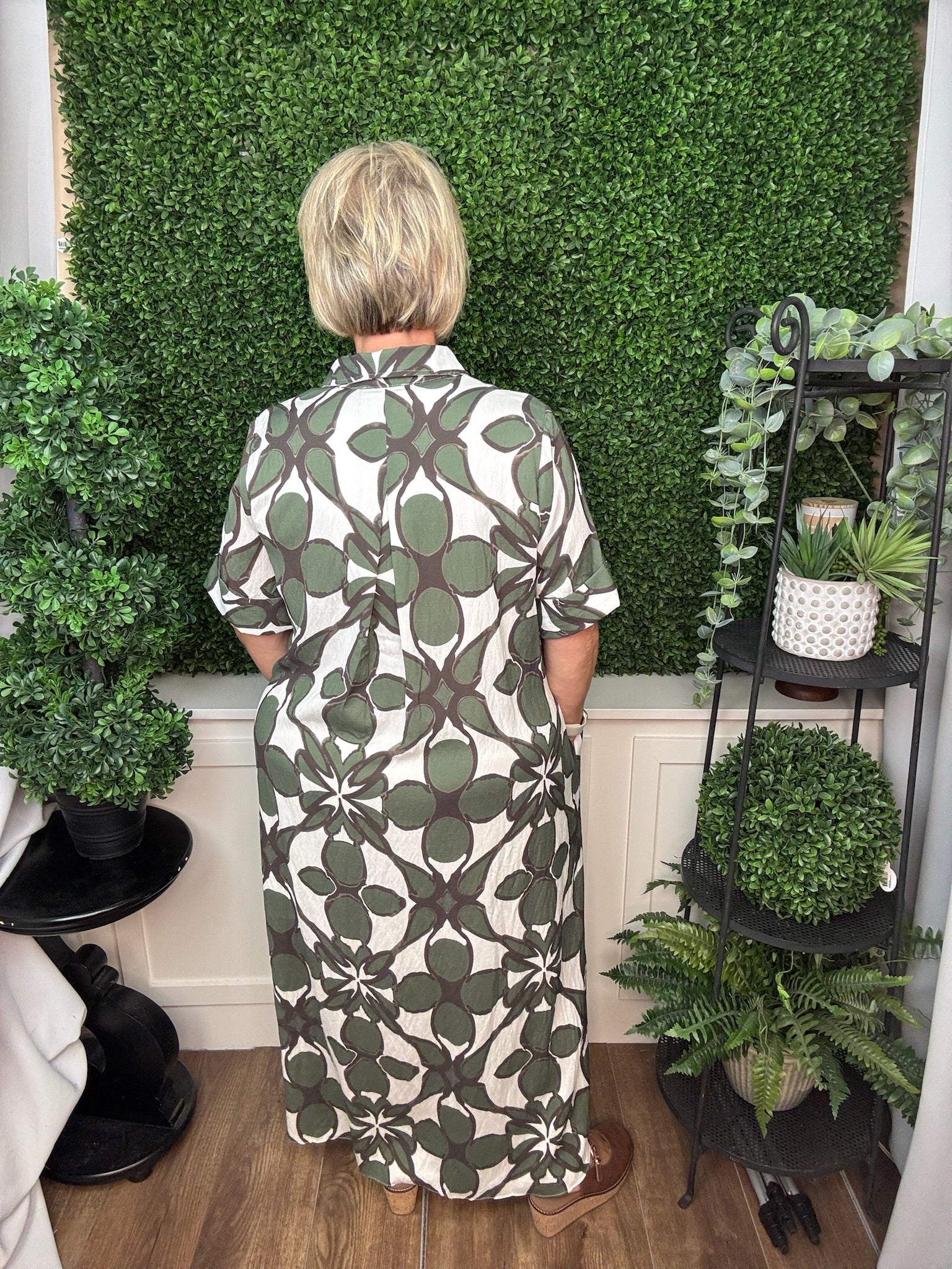 FLORAL BUTTON FRONT MIDI DRESS - OLIVE