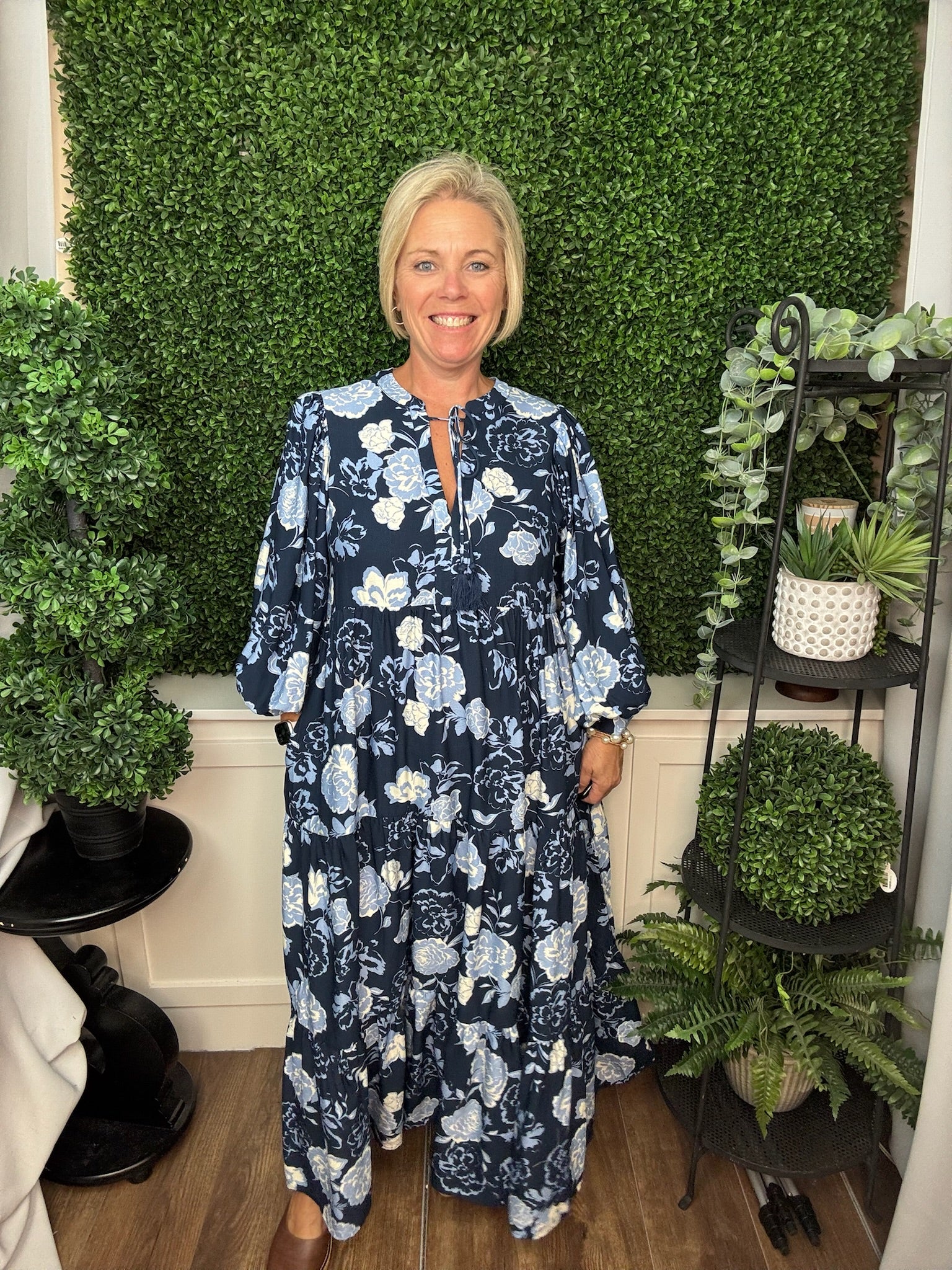 FLORAL PRINT TIE NECK PUFF SLEEVE TIERED MIDI DRESS - NAVY