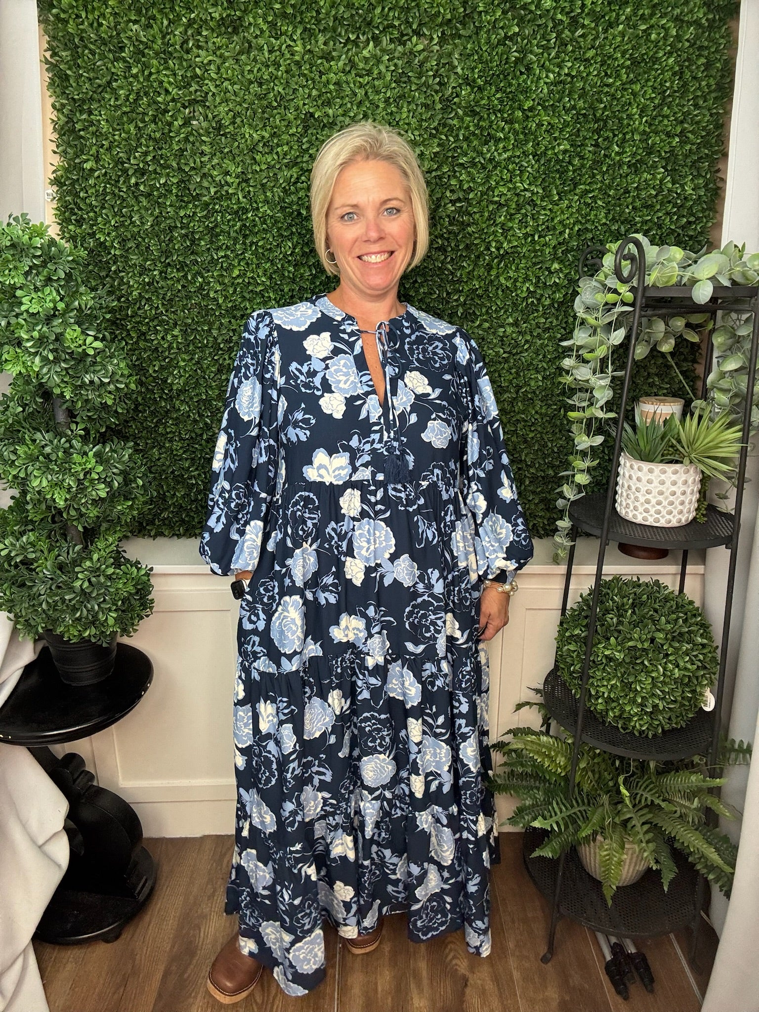 FLORAL PRINT TIE NECK PUFF SLEEVE TIERED MIDI DRESS - NAVY