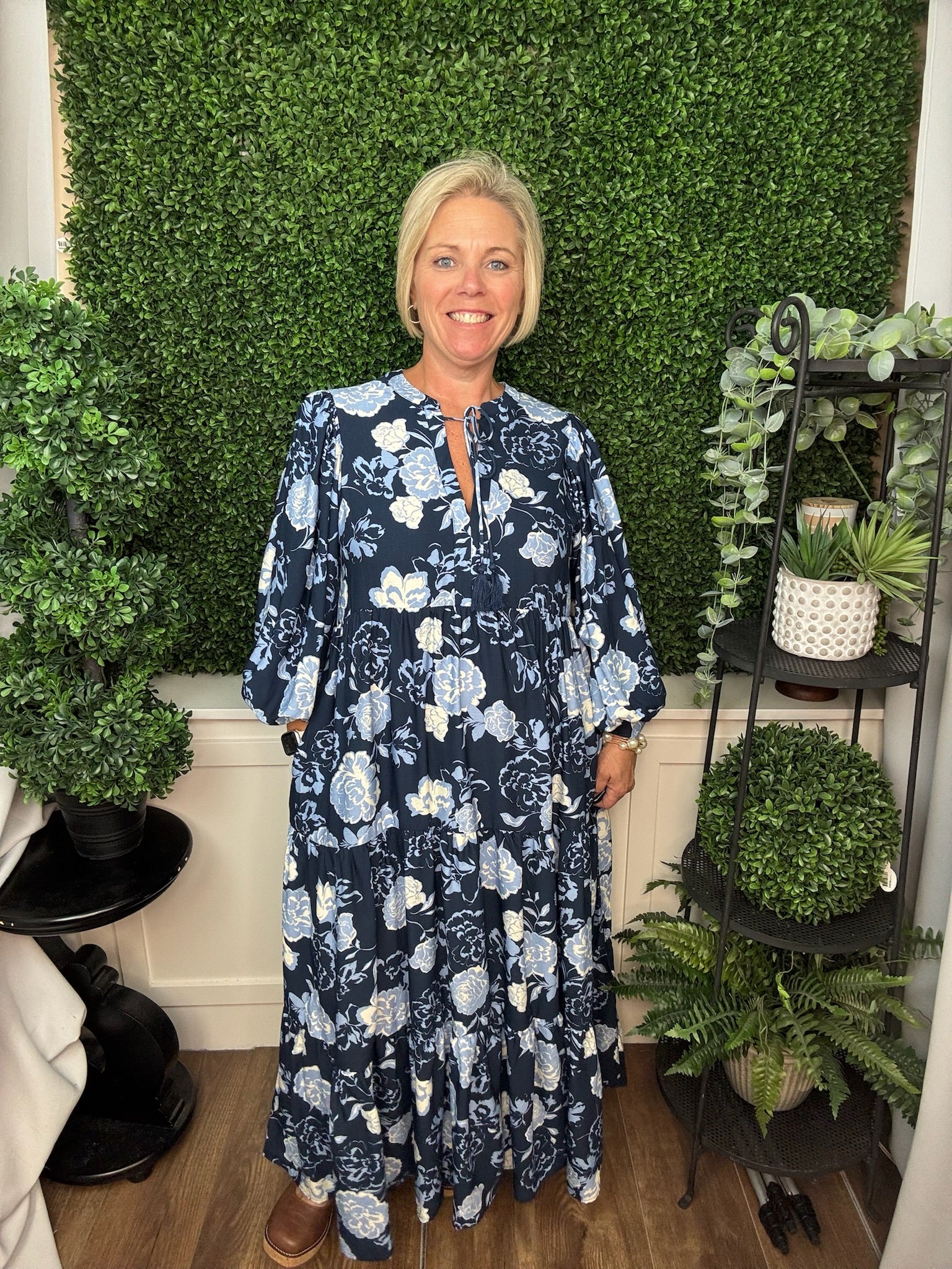FLORAL PRINT TIE NECK PUFF SLEEVE TIERED MIDI DRESS - NAVY