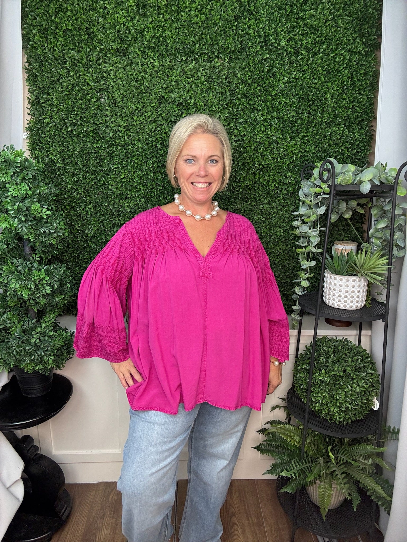 SPLIT NECK TUCKED TOP WITH EMBROIDERED SLEEVES - FUSCHIA