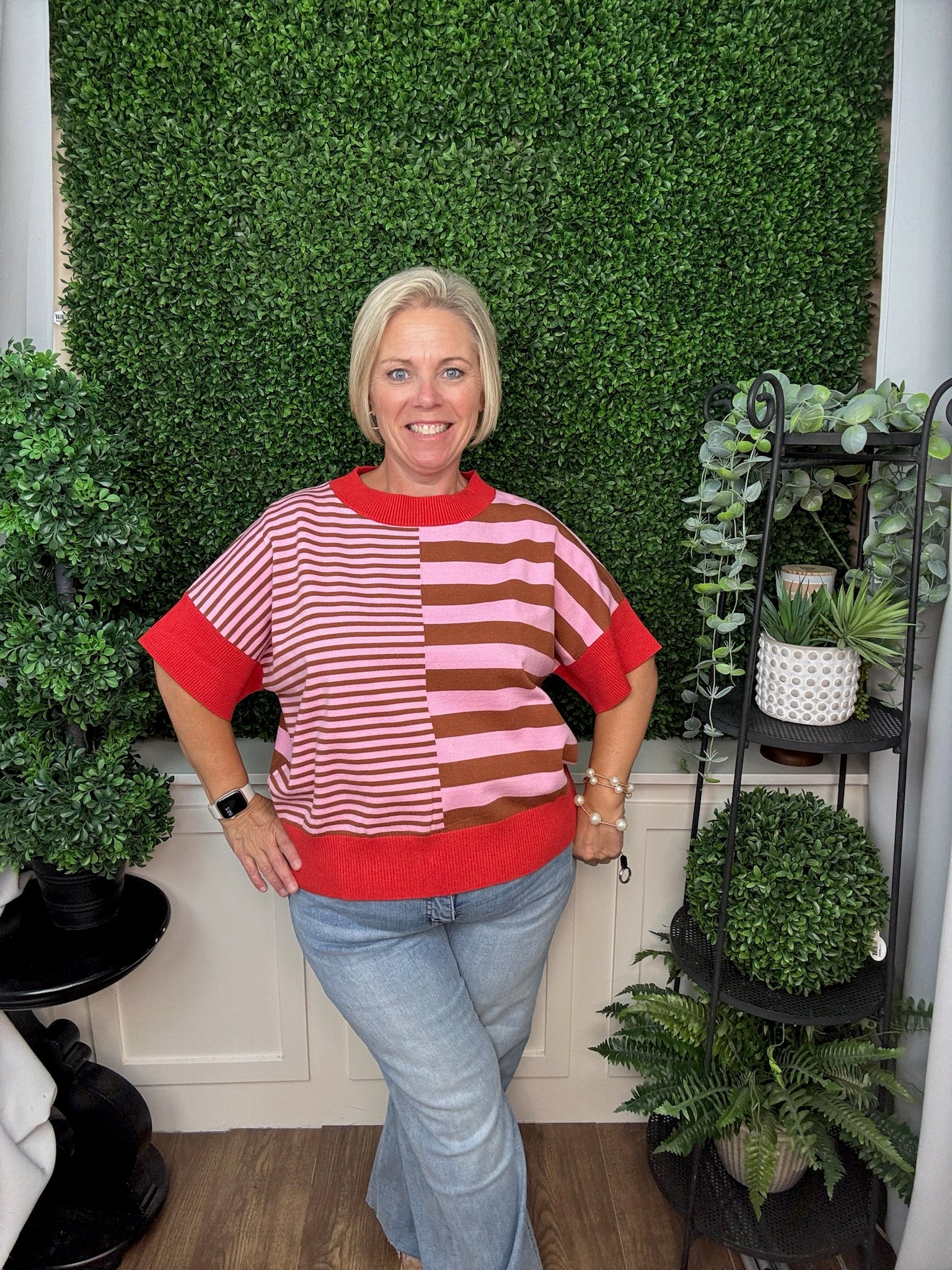DROP SHOULDER STRIPED SWEATER - GREEN RED/ OLIVE GREEN BROWN/ RUST CARAMEL
