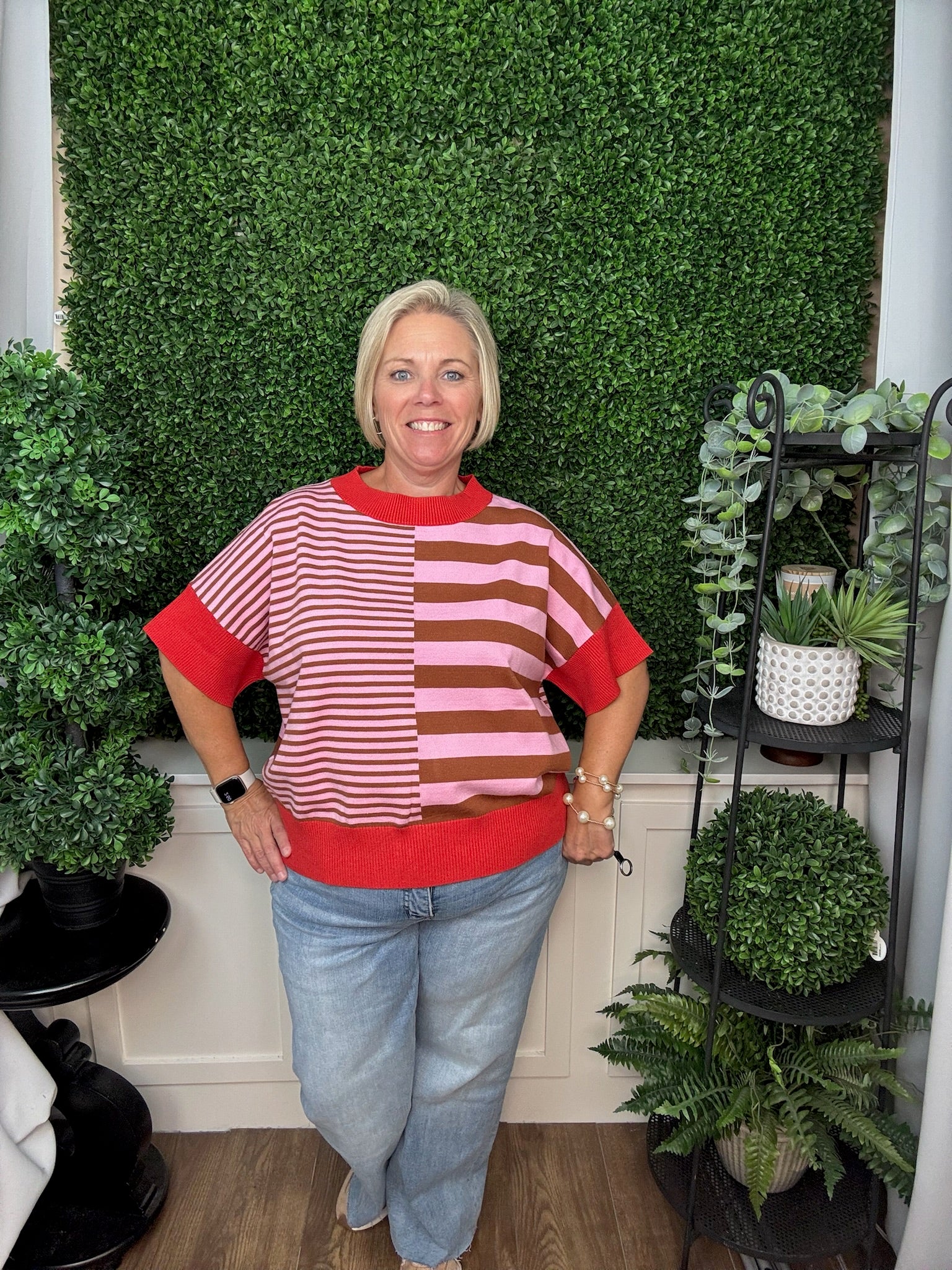 DROP SHOULDER STRIPED SWEATER - GREEN RED/ OLIVE GREEN BROWN/ RUST CARAMEL