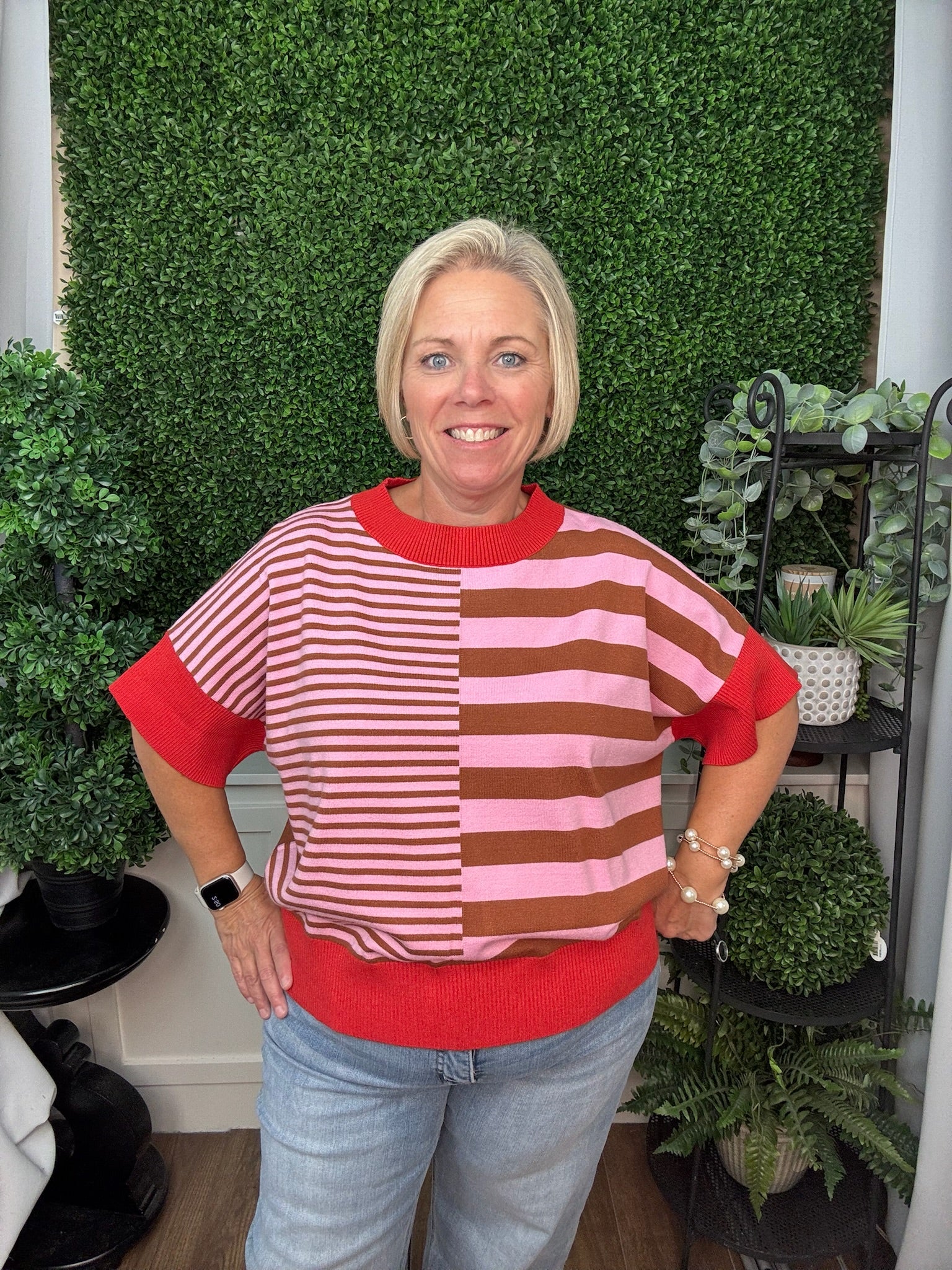 DROP SHOULDER STRIPED SWEATER - GREEN RED/ OLIVE GREEN BROWN/ RUST CARAMEL