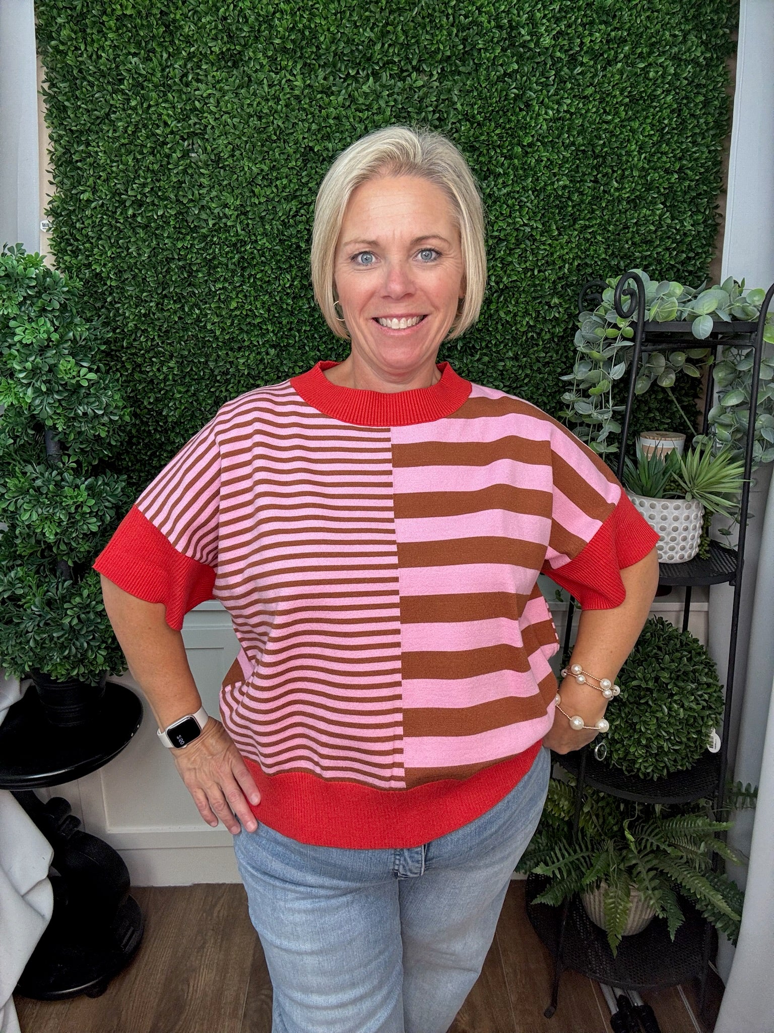 DROP SHOULDER STRIPED SWEATER - GREEN RED/ OLIVE GREEN BROWN/ RUST CARAMEL