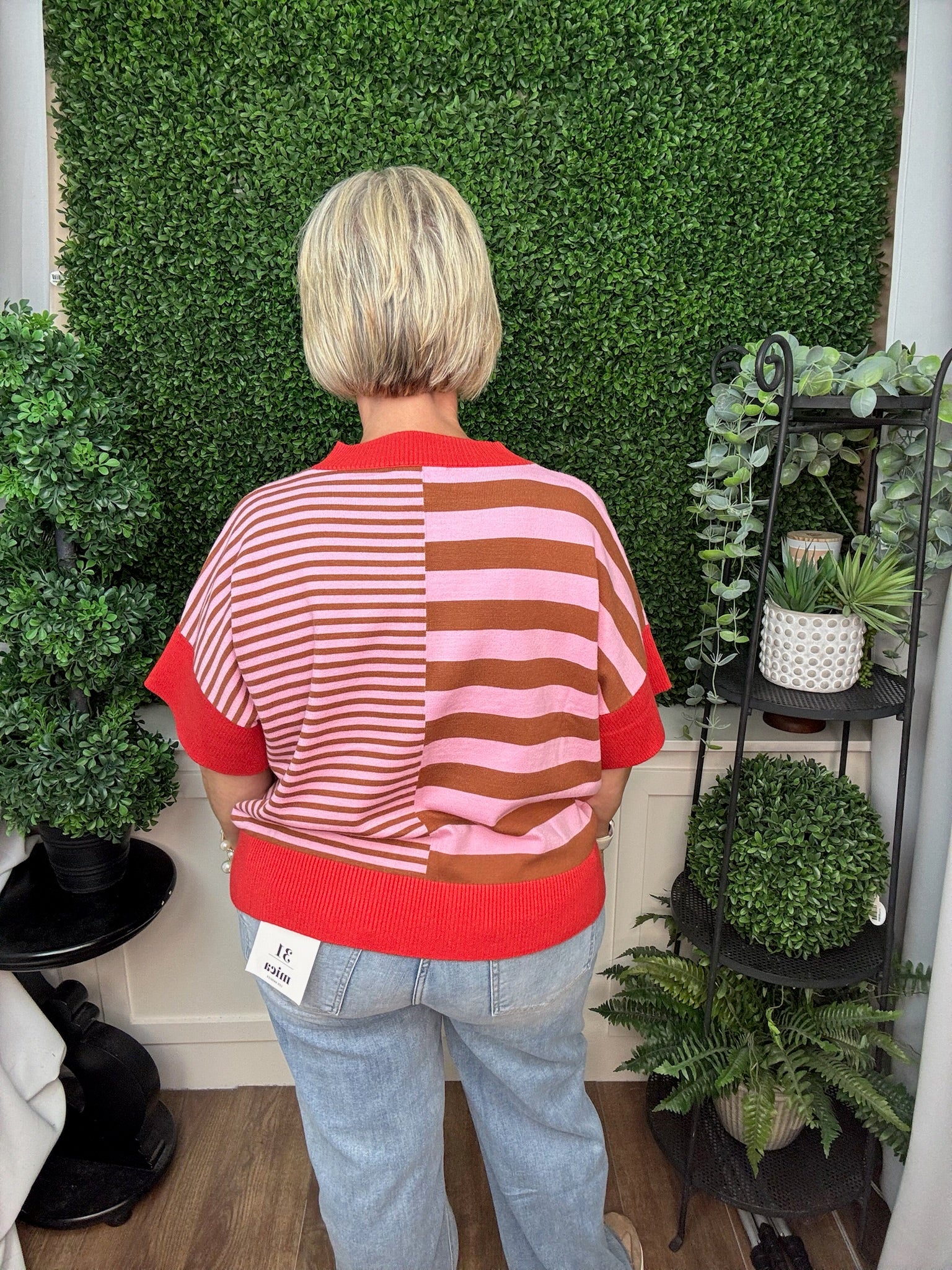 DROP SHOULDER STRIPED SWEATER - GREEN RED/ OLIVE GREEN BROWN/ RUST CARAMEL
