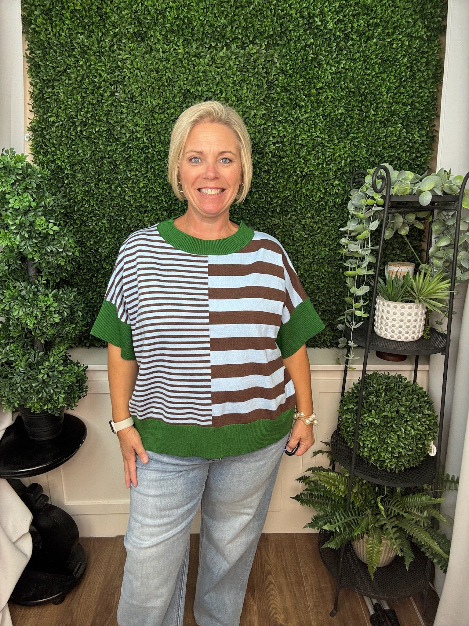 DROP SHOULDER STRIPED SWEATER - GREEN RED/ OLIVE GREEN BROWN/ RUST CARAMEL
