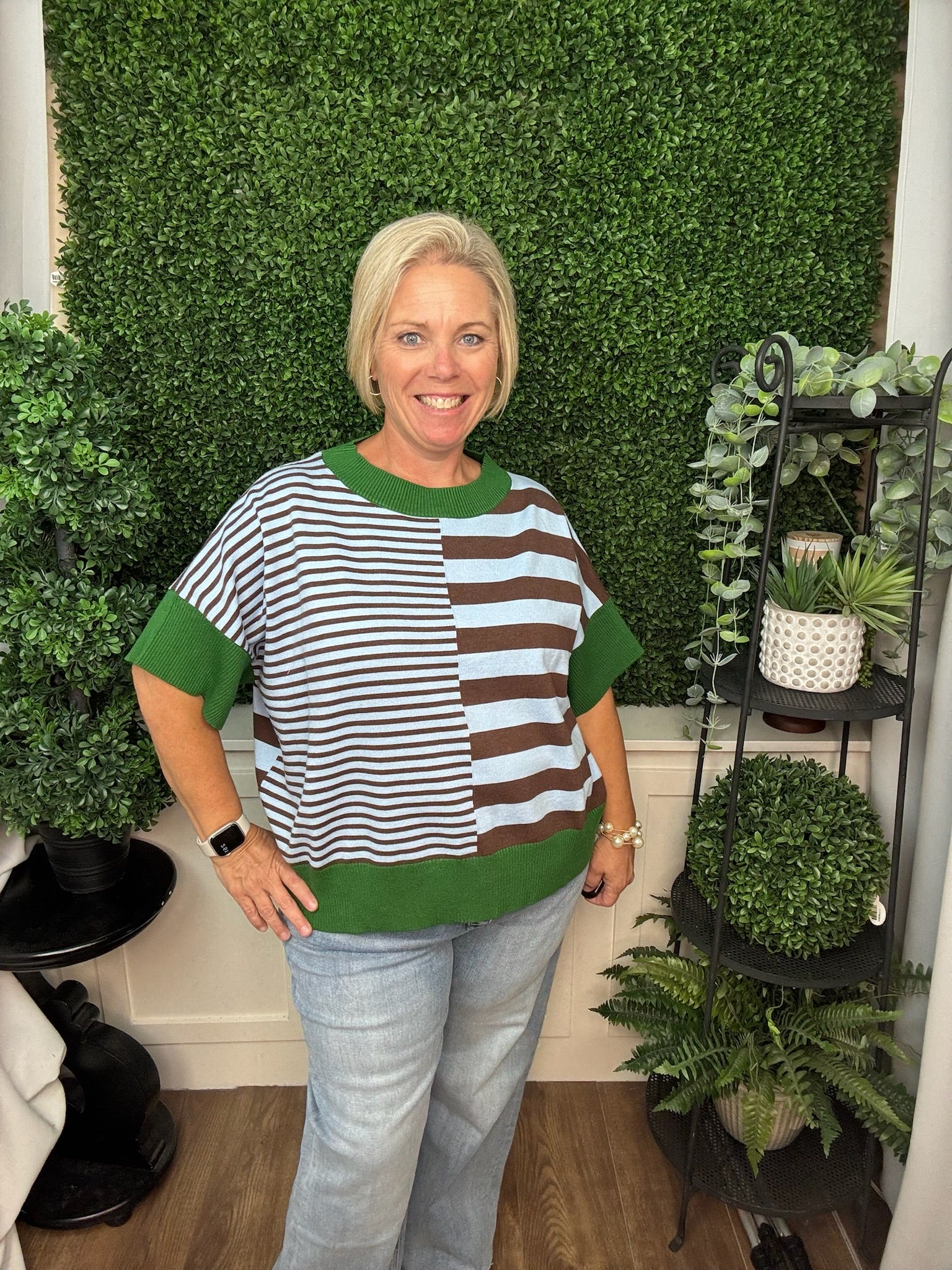 DROP SHOULDER STRIPED SWEATER - GREEN RED/ OLIVE GREEN BROWN/ RUST CARAMEL