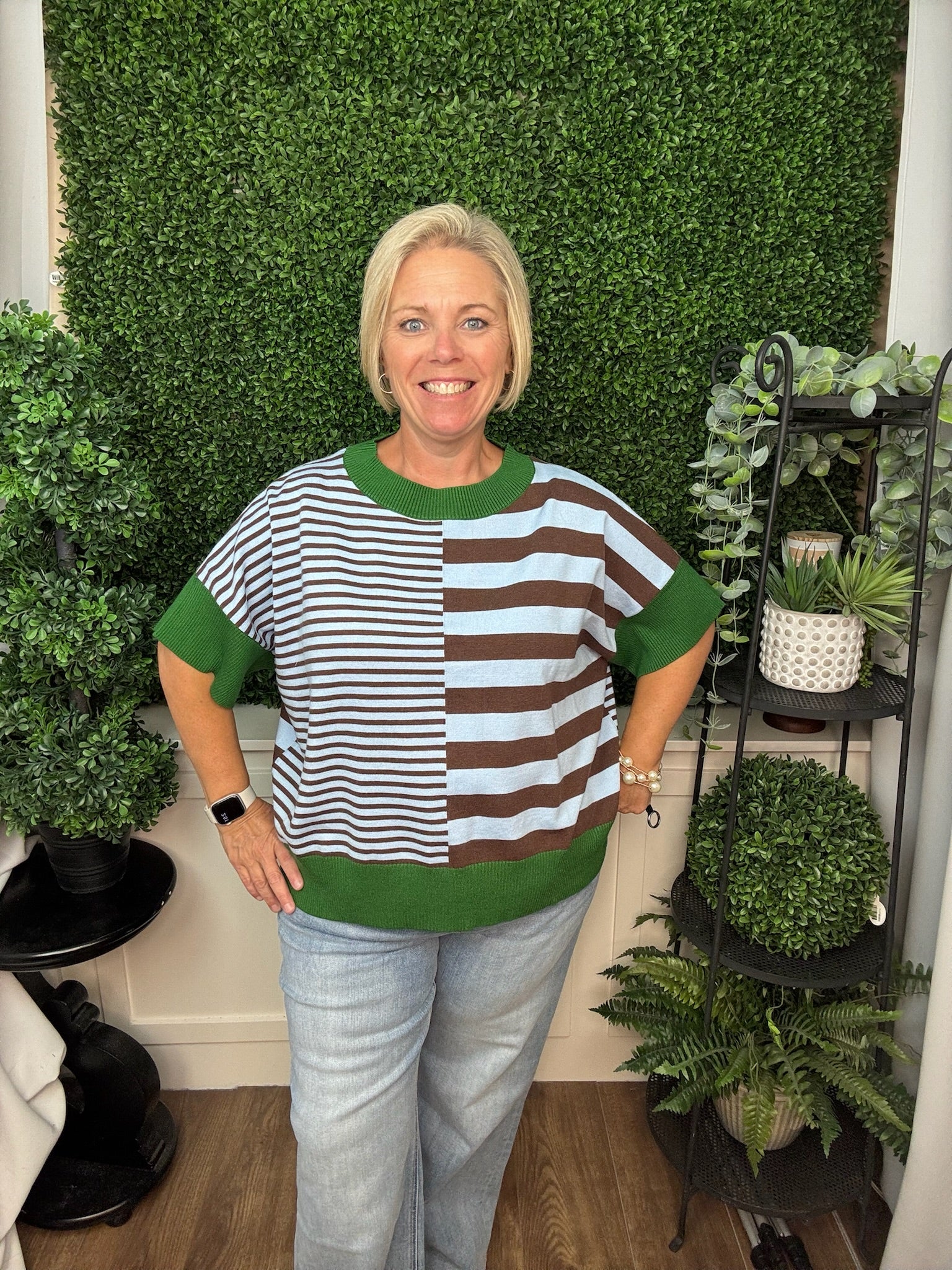 DROP SHOULDER STRIPED SWEATER - GREEN RED/ OLIVE GREEN BROWN/ RUST CARAMEL