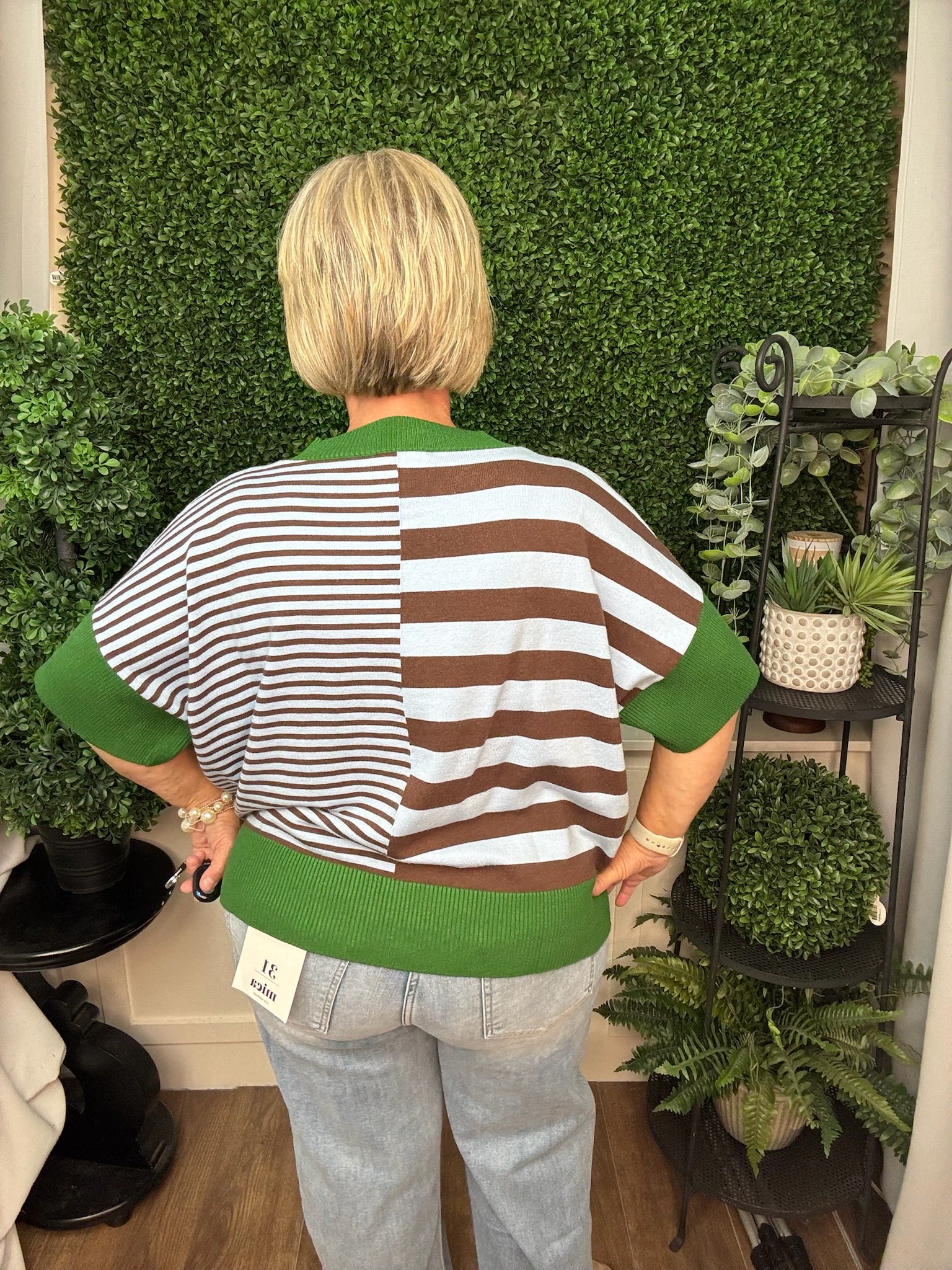 DROP SHOULDER STRIPED SWEATER - GREEN RED/ OLIVE GREEN BROWN/ RUST CARAMEL