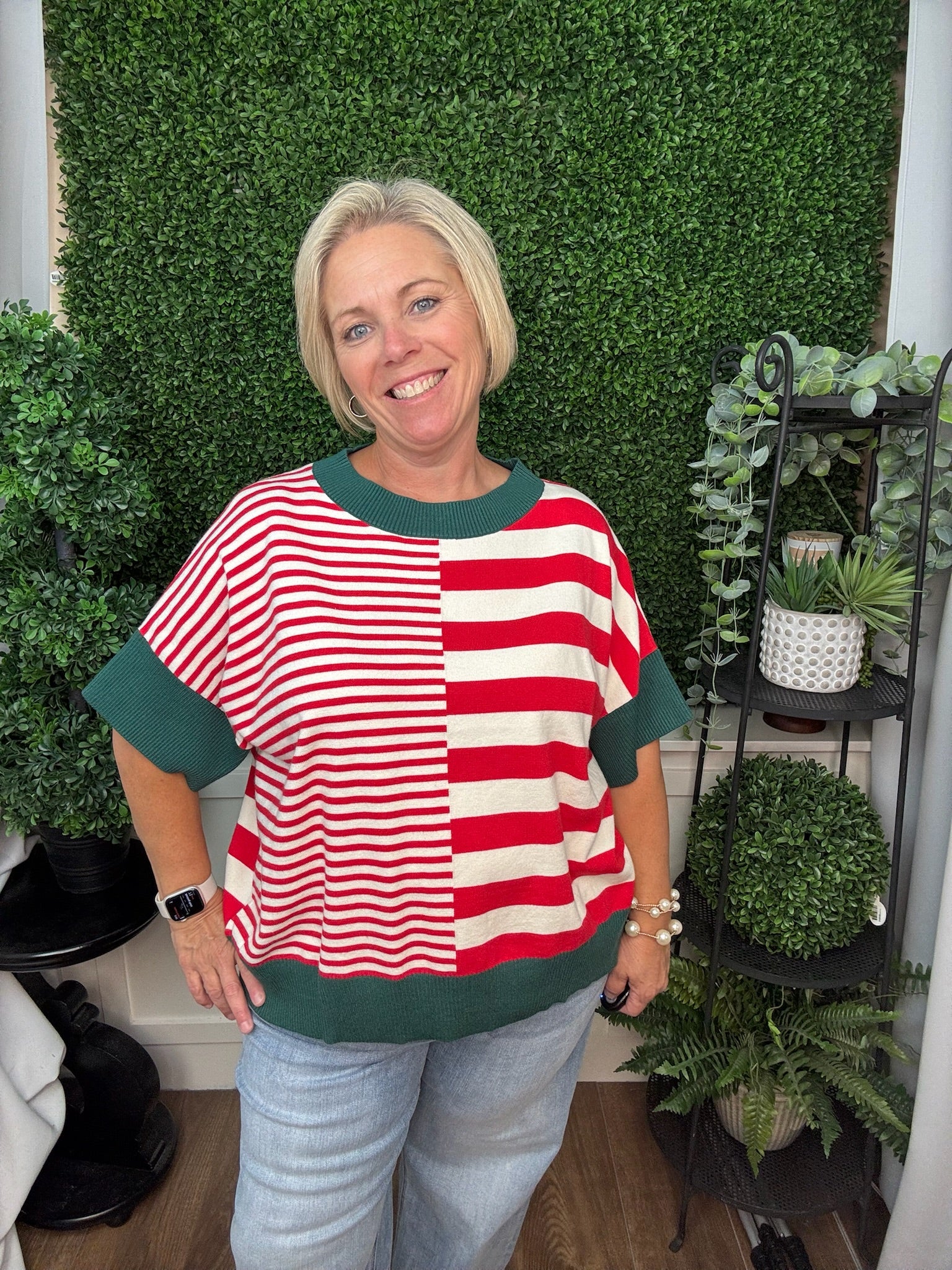 DROP SHOULDER STRIPED SWEATER - GREEN RED/ OLIVE GREEN BROWN/ RUST CARAMEL