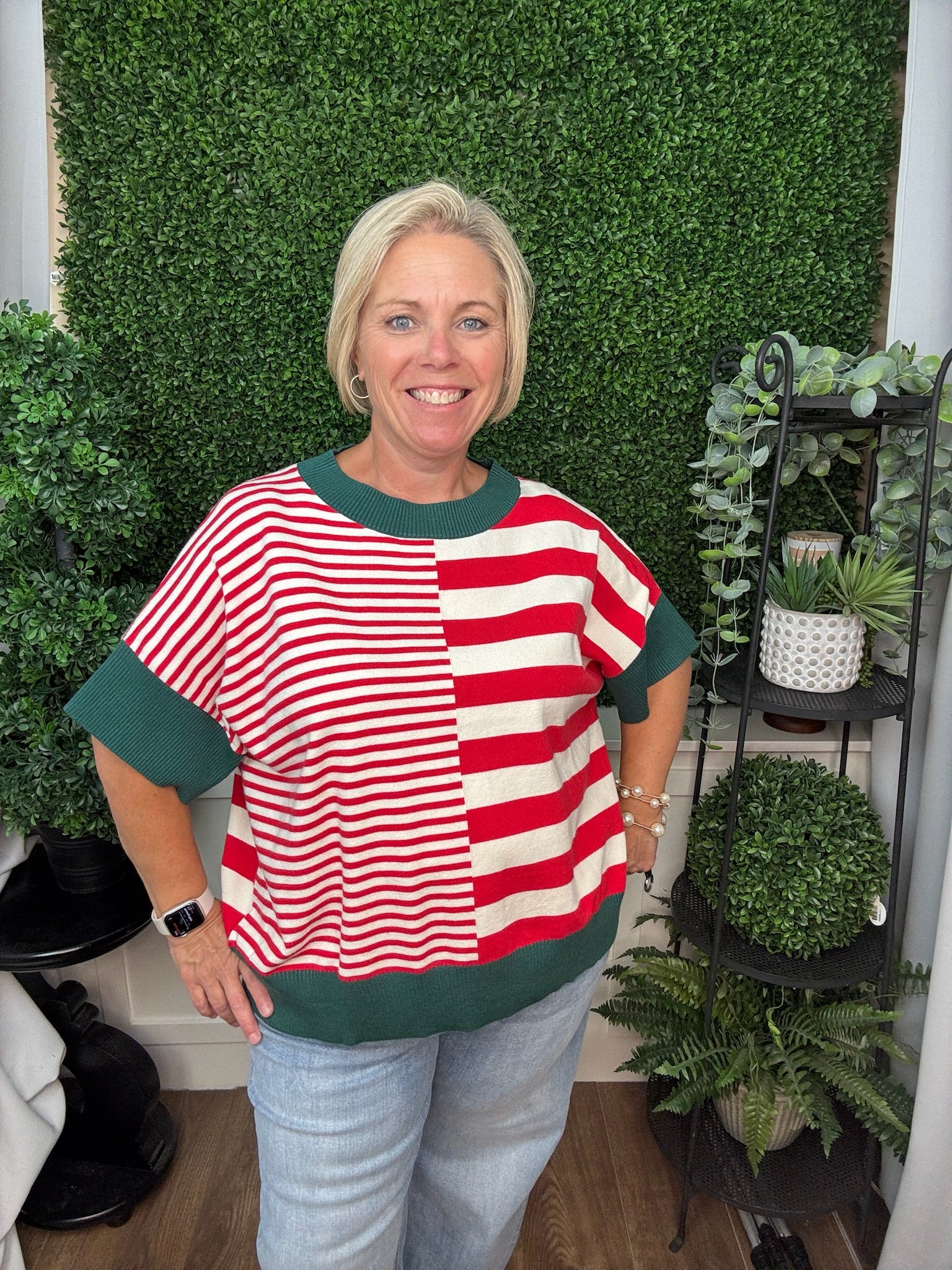 DROP SHOULDER STRIPED SWEATER - GREEN RED/ OLIVE GREEN BROWN/ RUST CARAMEL