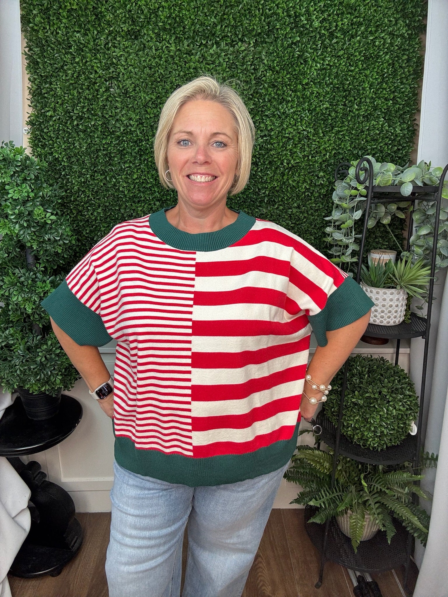 DROP SHOULDER STRIPED SWEATER - GREEN RED/ OLIVE GREEN BROWN/ RUST CARAMEL
