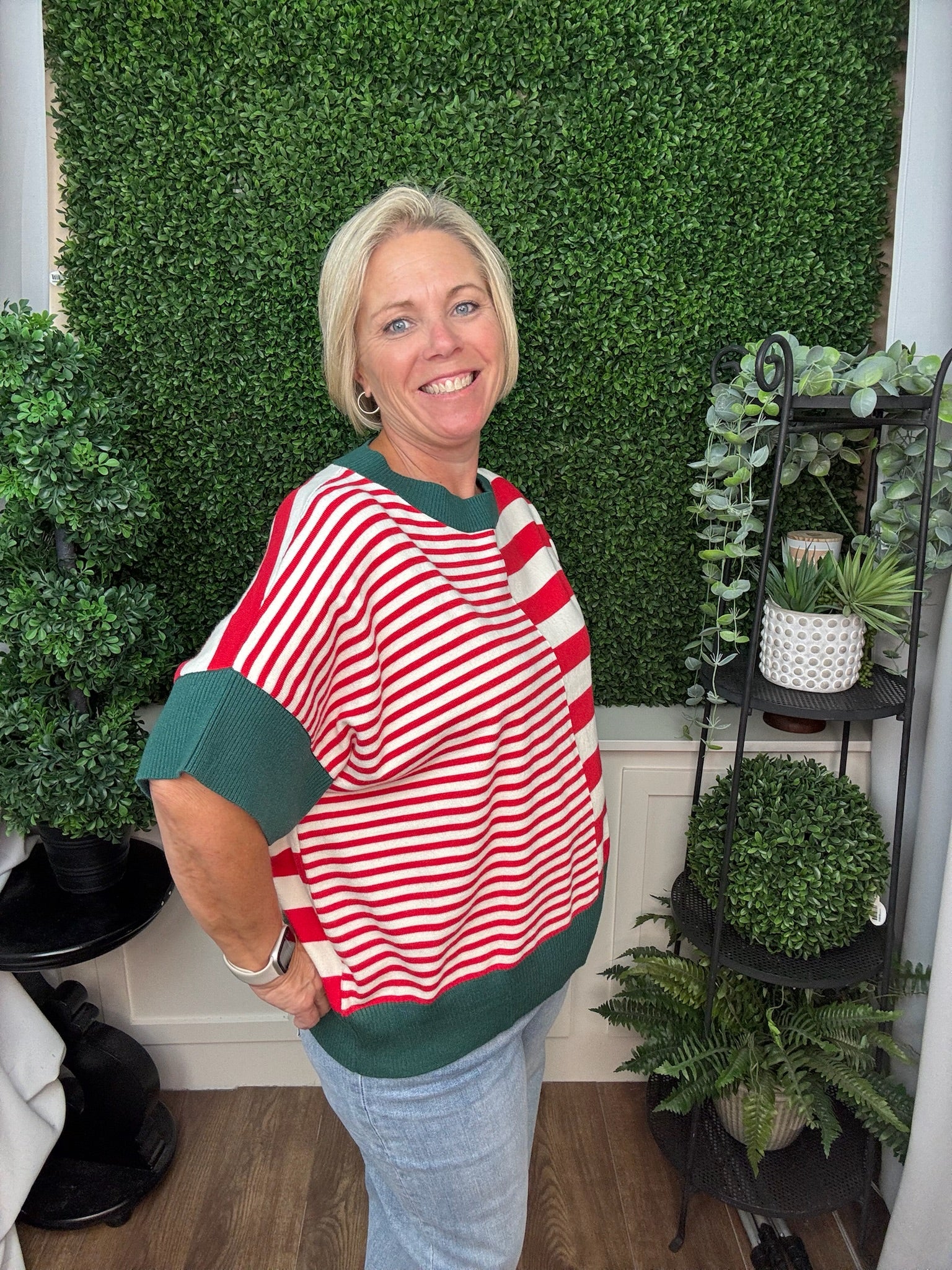 DROP SHOULDER STRIPED SWEATER - GREEN RED/ OLIVE GREEN BROWN/ RUST CARAMEL