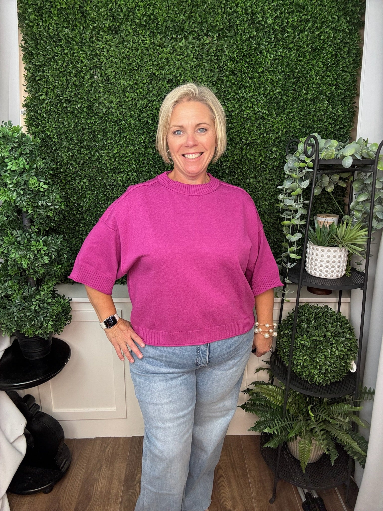 RELAXED SWEATER CREW NECK ELBOW-LENGTH SLEEVES - SLATE BLUE/MAGENTA