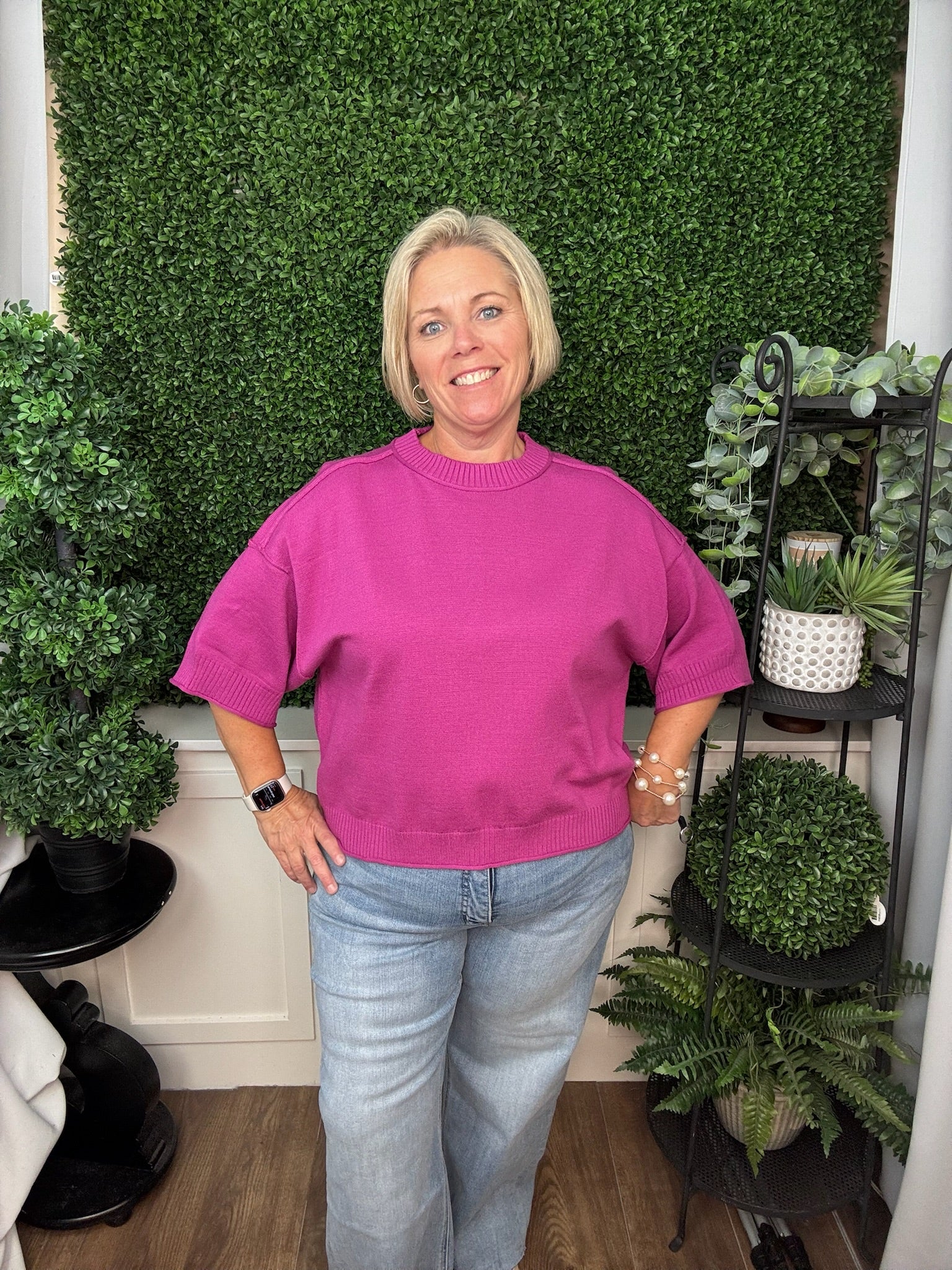 RELAXED SWEATER CREW NECK ELBOW-LENGTH SLEEVES - SLATE BLUE/MAGENTA