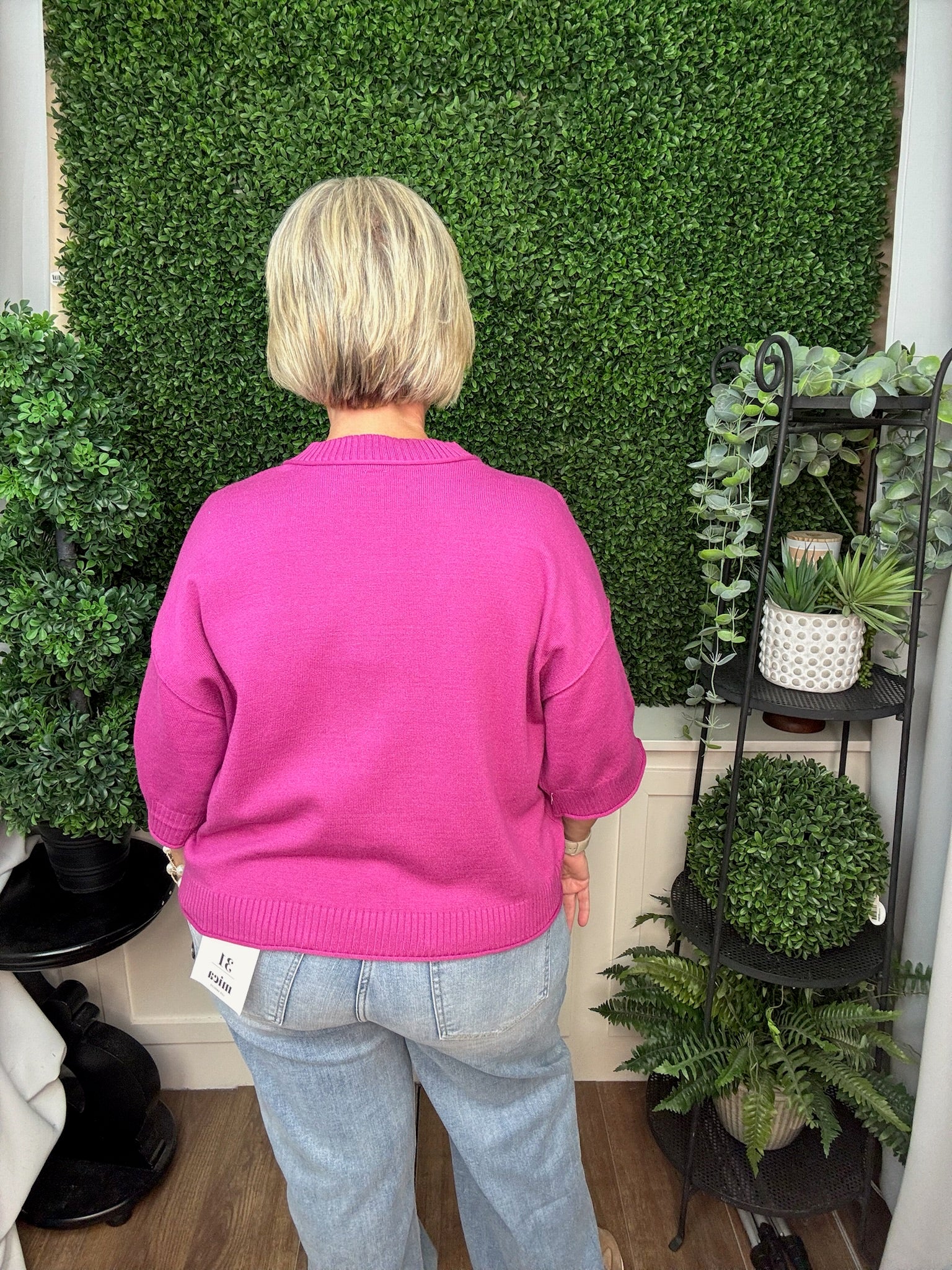 RELAXED SWEATER CREW NECK ELBOW-LENGTH SLEEVES - SLATE BLUE/MAGENTA