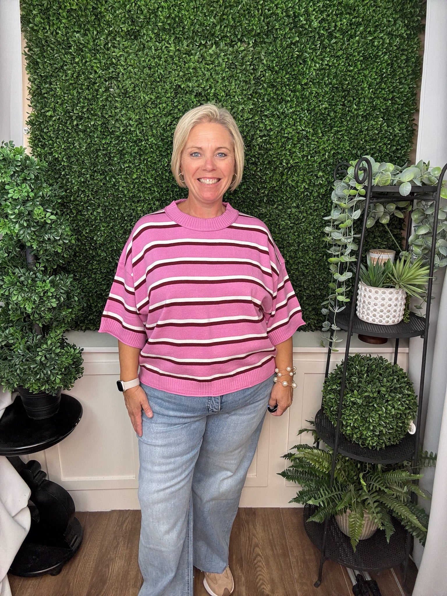 CREW NECK ELBOW-LENGTH SLEEVES STRIPE SWEATER - PINK