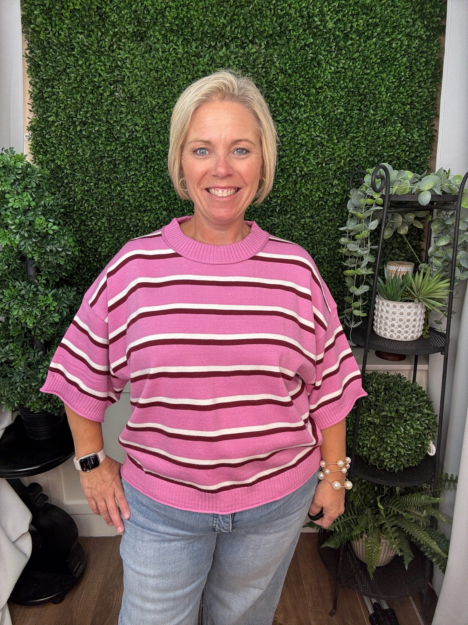 CREW NECK ELBOW-LENGTH SLEEVES STRIPE SWEATER - PINK