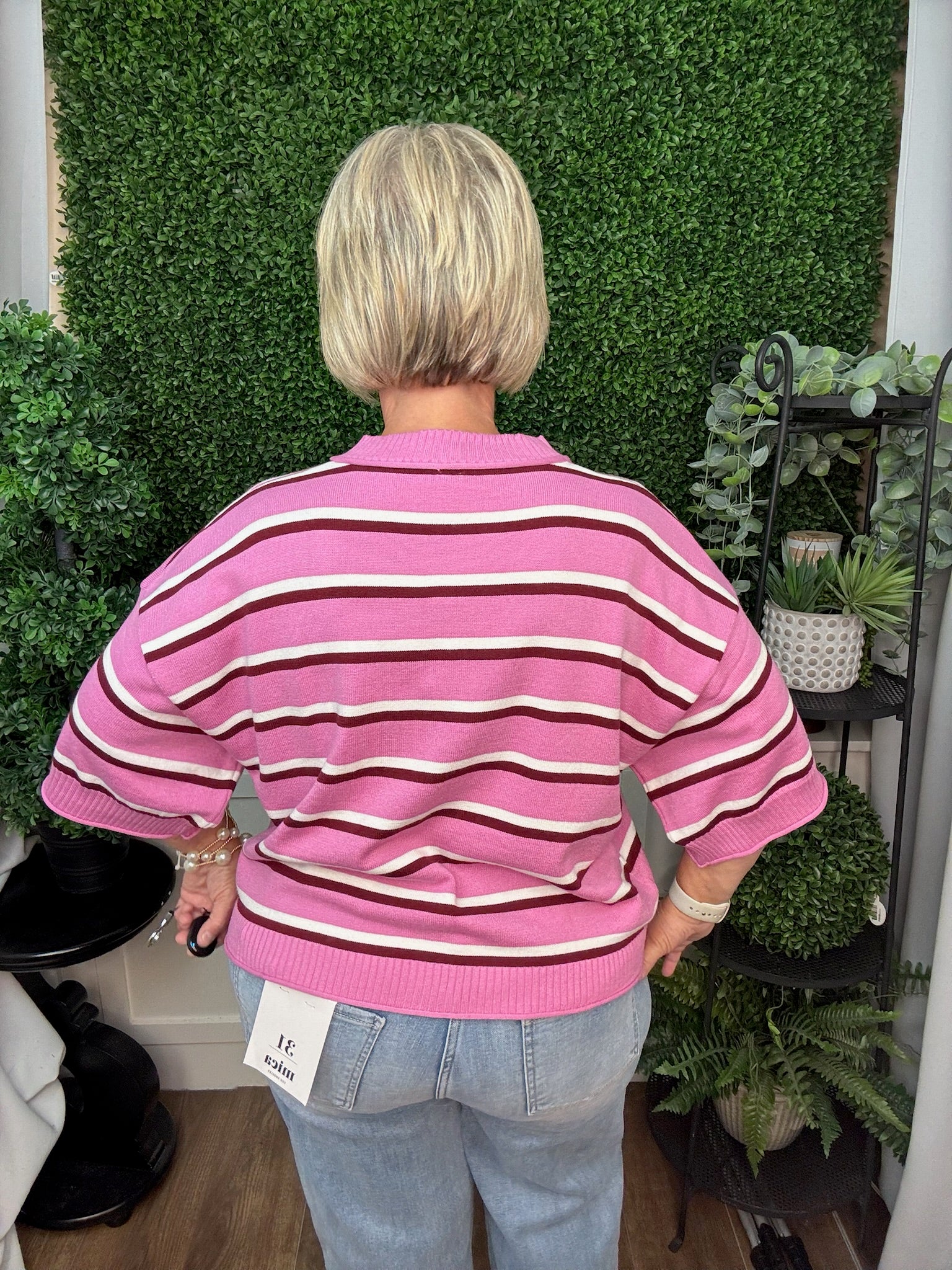 CREW NECK ELBOW-LENGTH SLEEVES STRIPE SWEATER - PINK