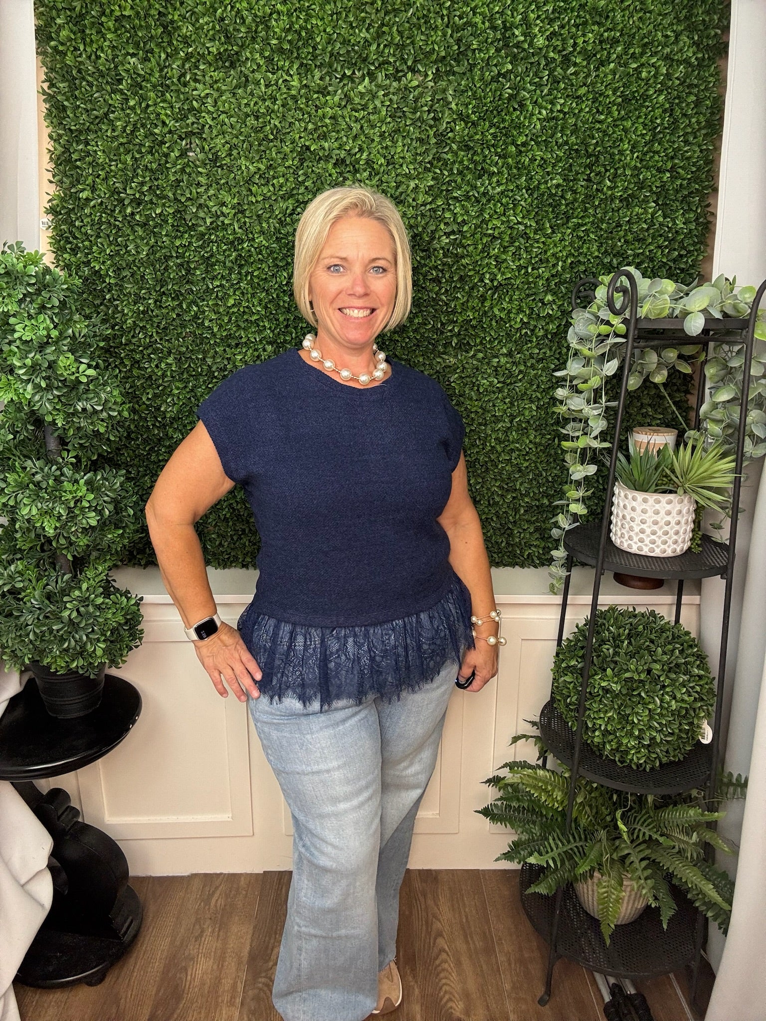 LACE TRIM TEXTURED KNIT TOP - MIDNIGHT