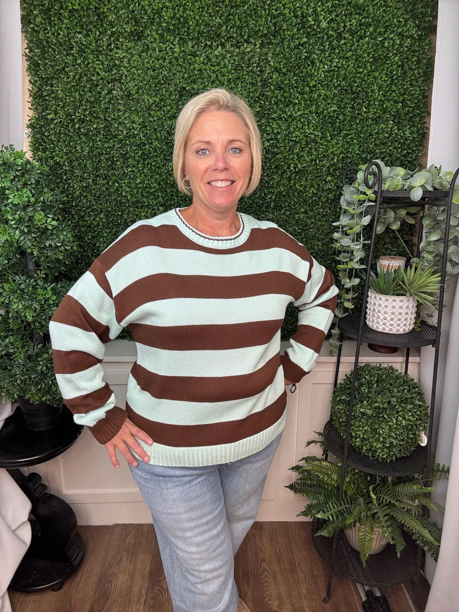 STRIPE CREW NECK KNIT SWEATER - MINT/CHOCO COMBO