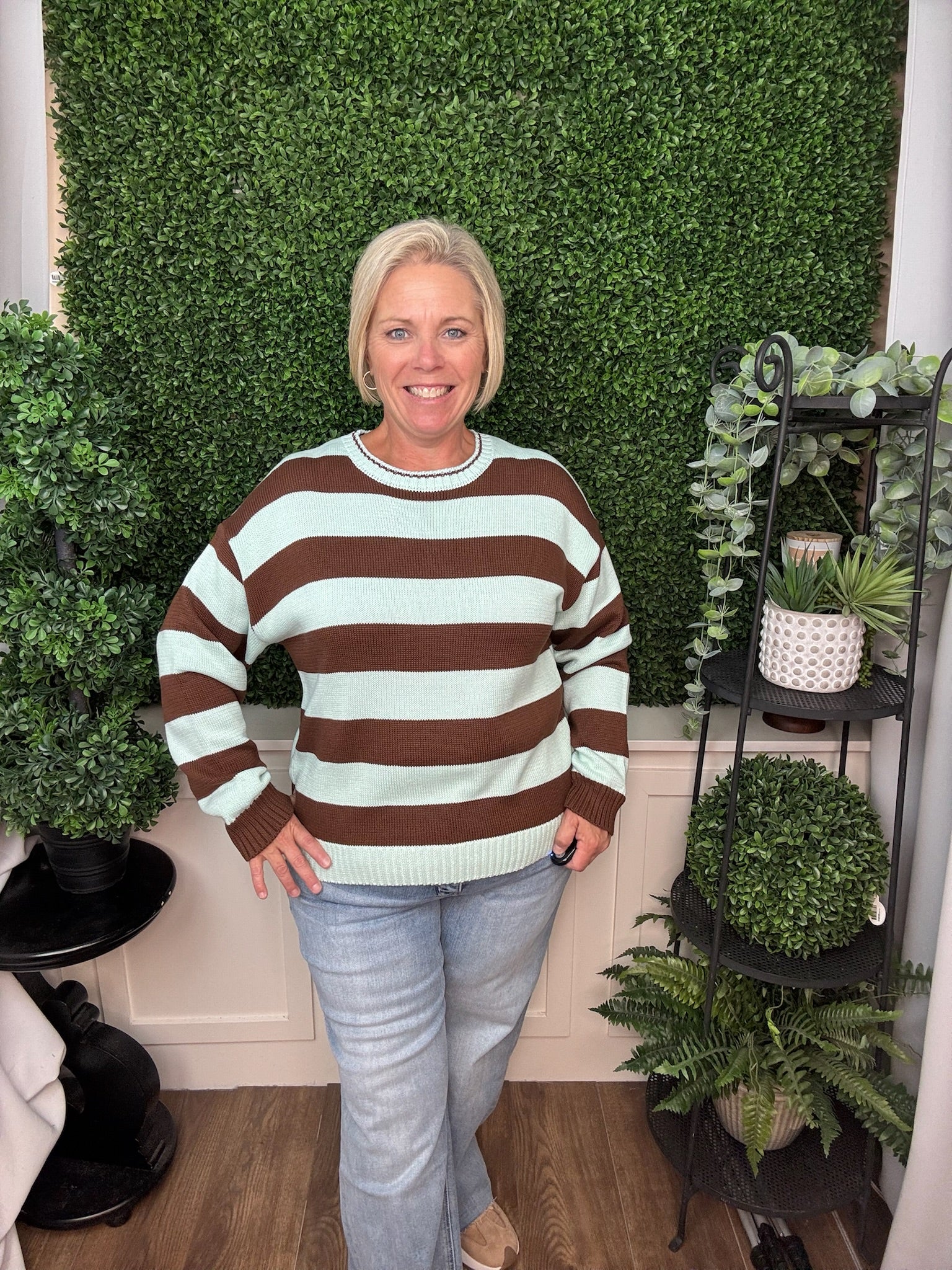 STRIPE CREW NECK KNIT SWEATER - MINT/CHOCO COMBO